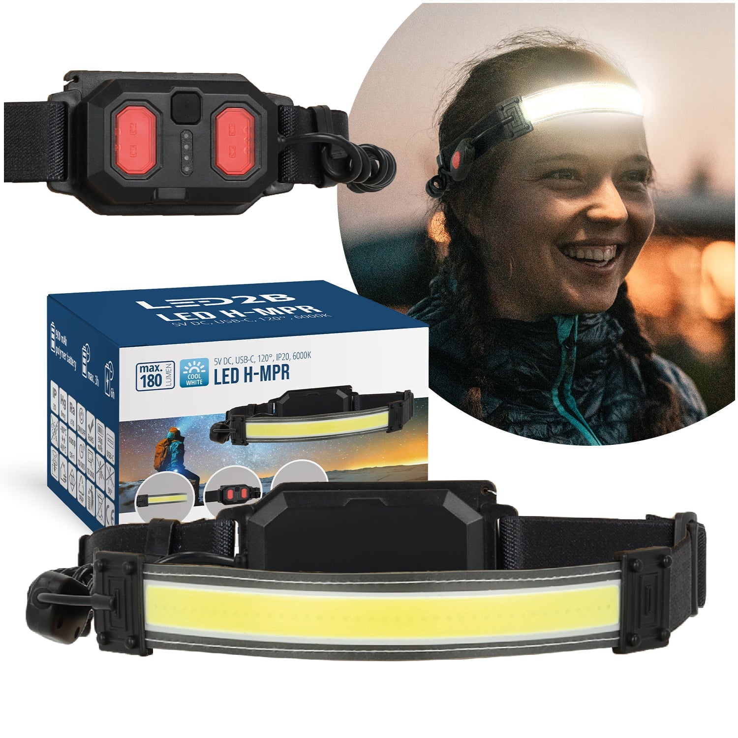 Latarka czołowa LED 180lm USB - C akumulatorowa przednie i tylne światło 6000K 3 tryby - LAITICA