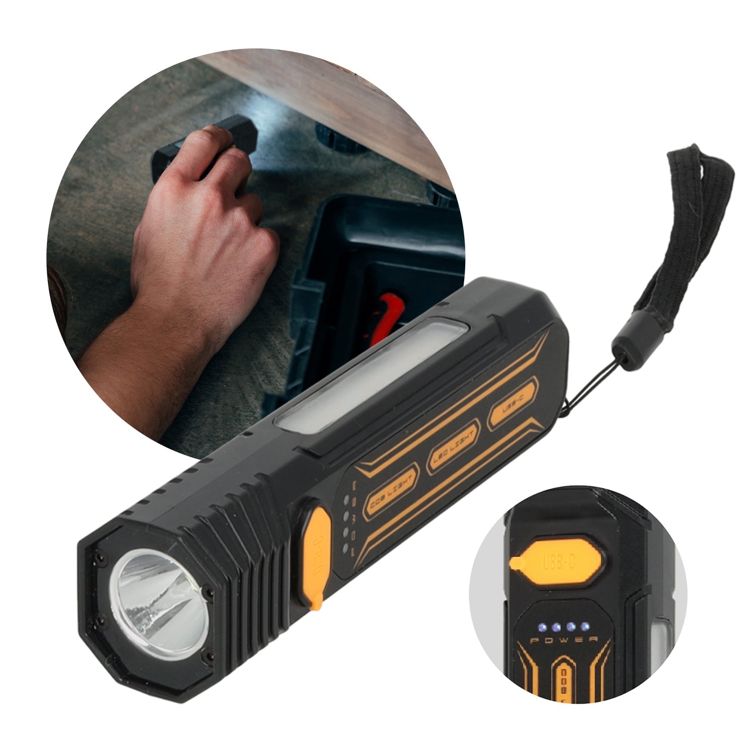 Latarka LED Taktyczna Wielofunkcyjna Akumulatorowa USB z Smyczą Podwójne Światło - LAITICA