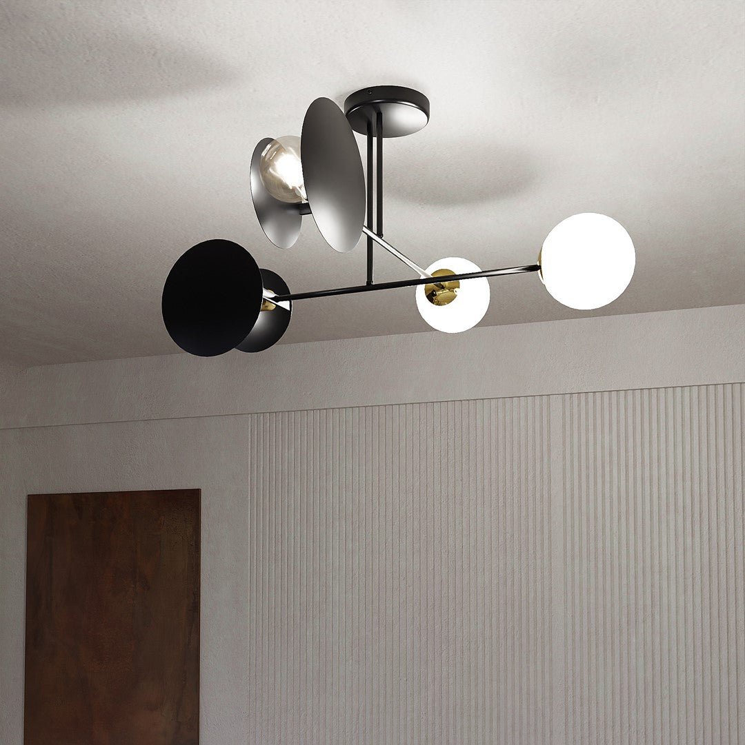 Nowoczesna lampa sufitowa NICEA czarna 4xE27 klosz BIAŁY geometryczne koła - LAITICA