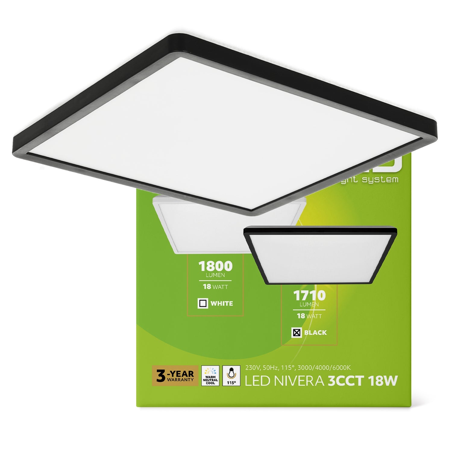 Nowoczesny plafon LED 18W kwadratowy IP54 – 3 barwy światła | Elegancka oprawa sufitowa do łazienki, kuchni i biura - LAITICA