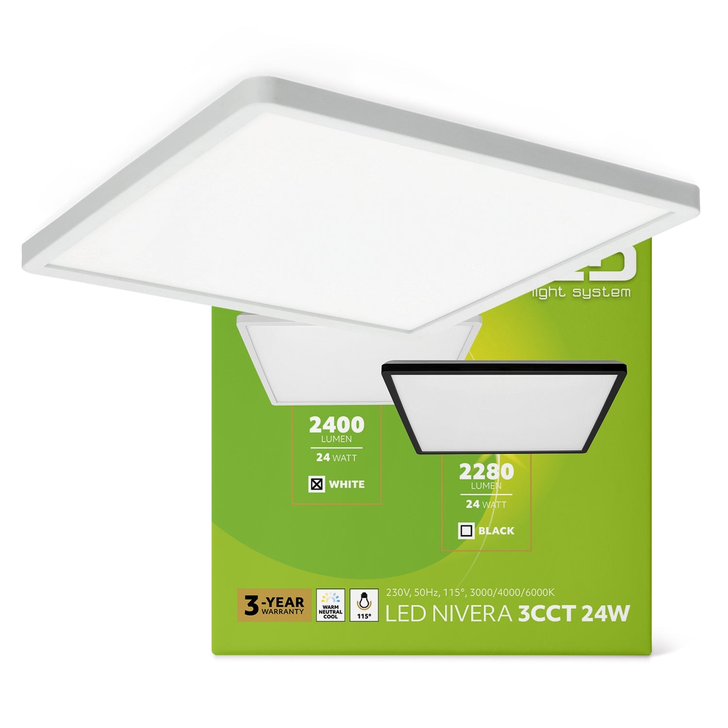 Nowoczesny plafon LED 24W sufitowy kwadratowy IP54 – 3 barwy światła 3000/4000/6000K, 2400 lm | Uniwersalna opraw - LAITICA