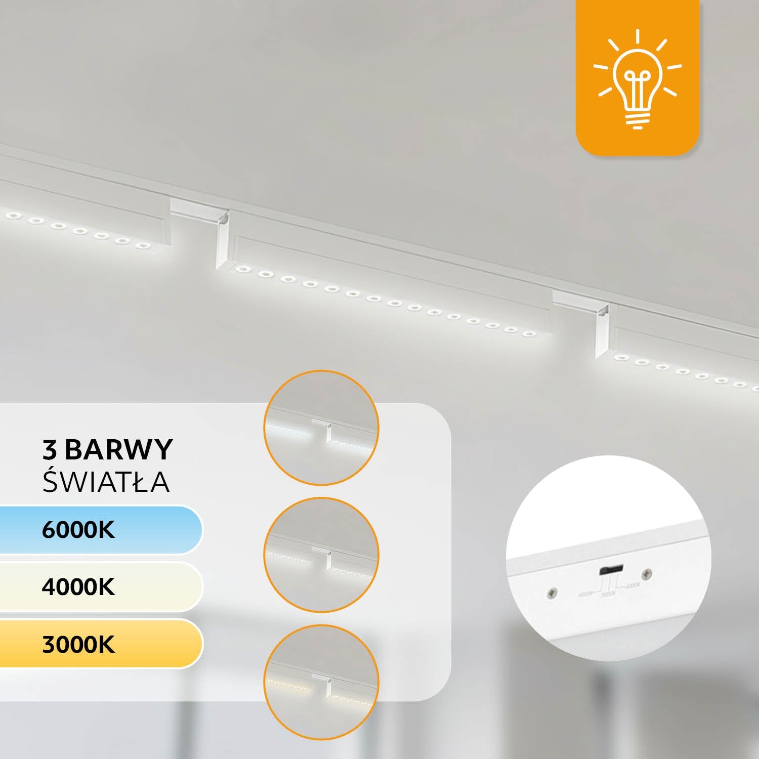 Oświetlenie szynowe magnetyczne 2x1m + 4 lampy LED 10W/15W 3CCT białe - LAITICA