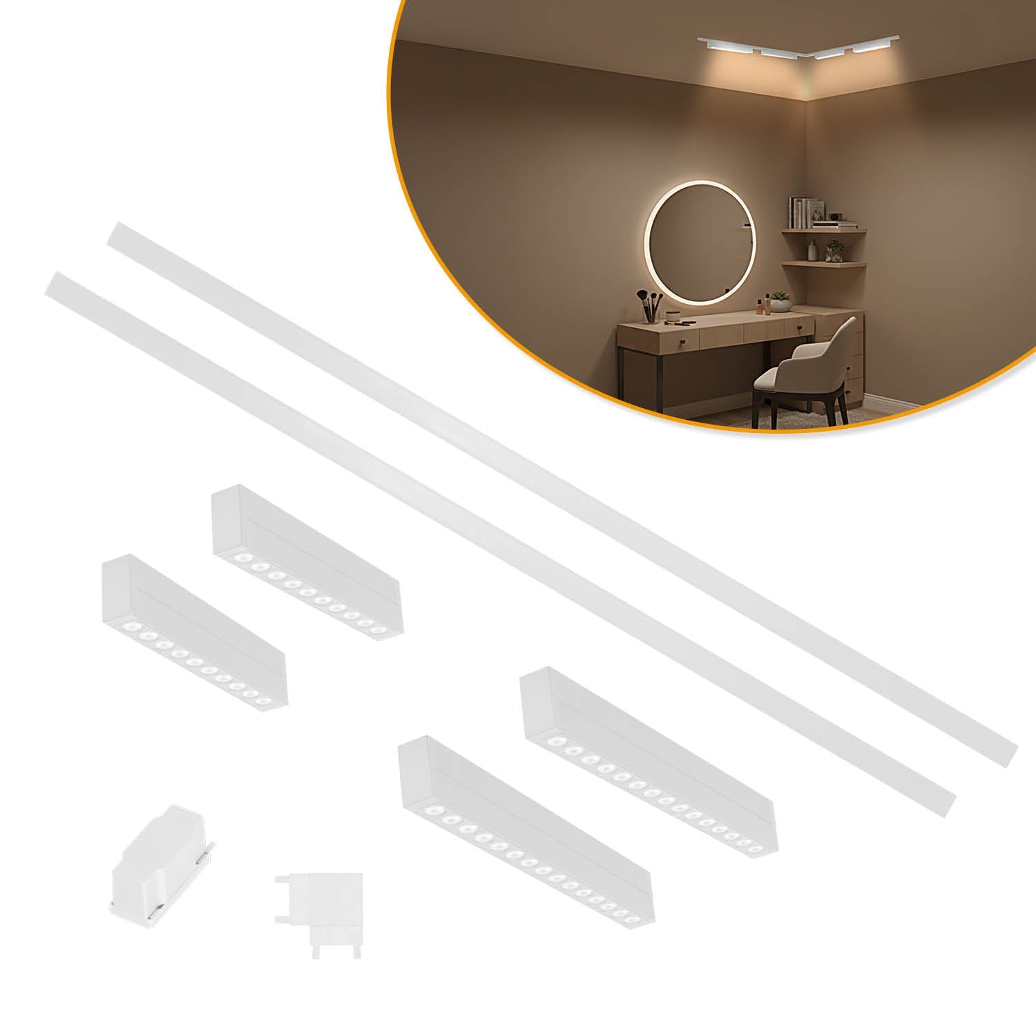 Oświetlenie szynowe magnetyczne LED 2x1m + 2x R2 10W + 2x R2 15W | Łącznik L | Białe - LAITICA
