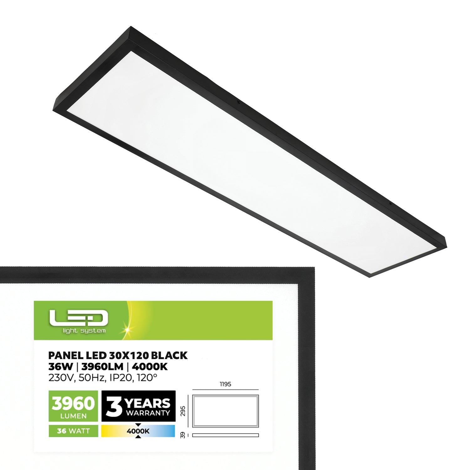 Panel LED 30x120 cm 36W 3960 lm natynkowy / podtynkowy 4000K PREMIUM – lampa sufitowa LED - LAITICA
