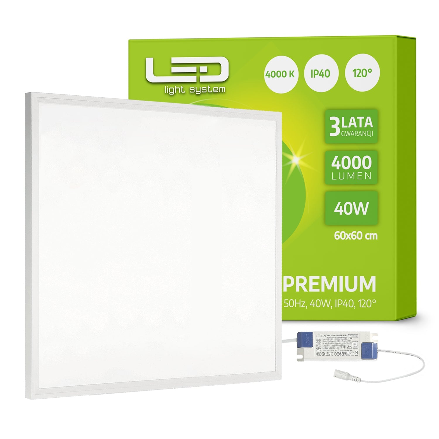 Panel LED 60x60 cm 40W 4000lm neutralny zamiennik rastrowy sufitowy IP40 - LAITICA