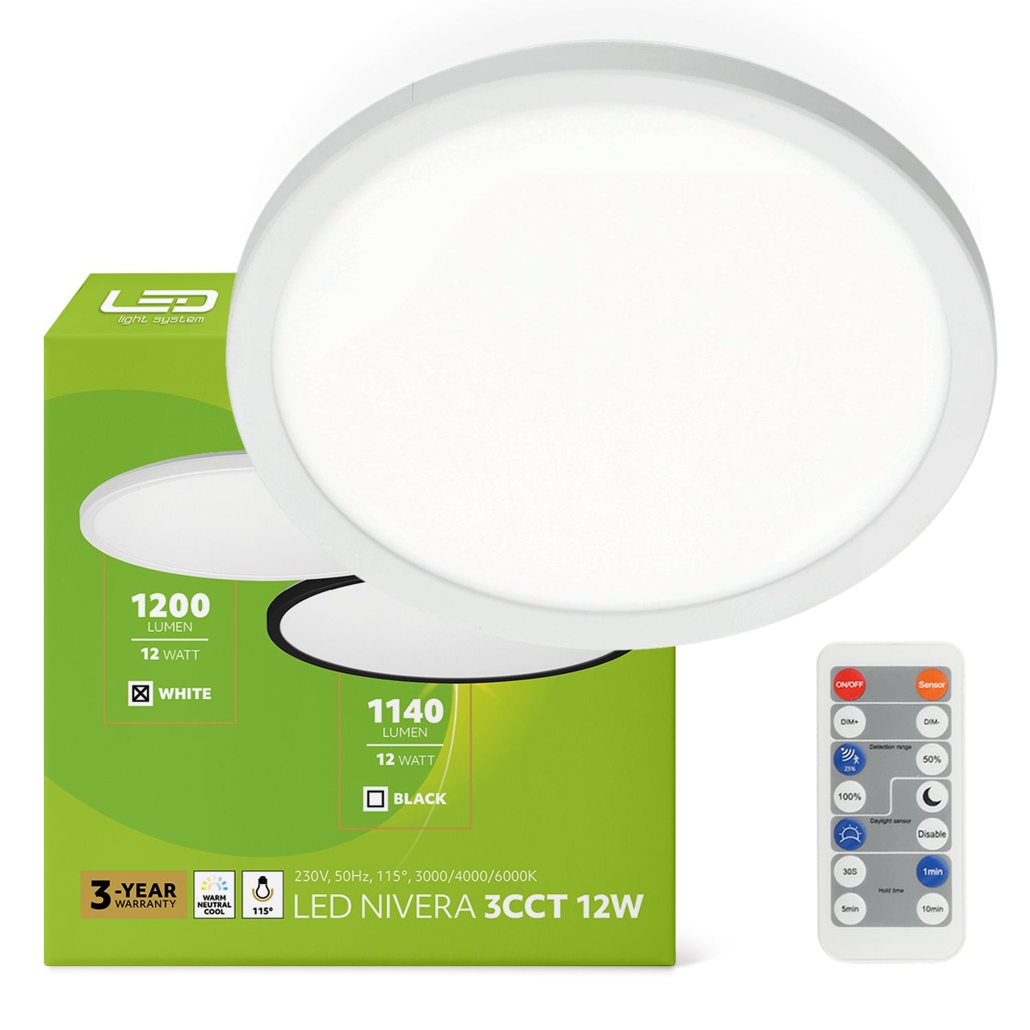 Plafon LED 12W IP54 z czujnikiem ruchu i zmierzchu, 3 barwy światła, pilot – Lampa sufitowa inteligentna - LAITICA