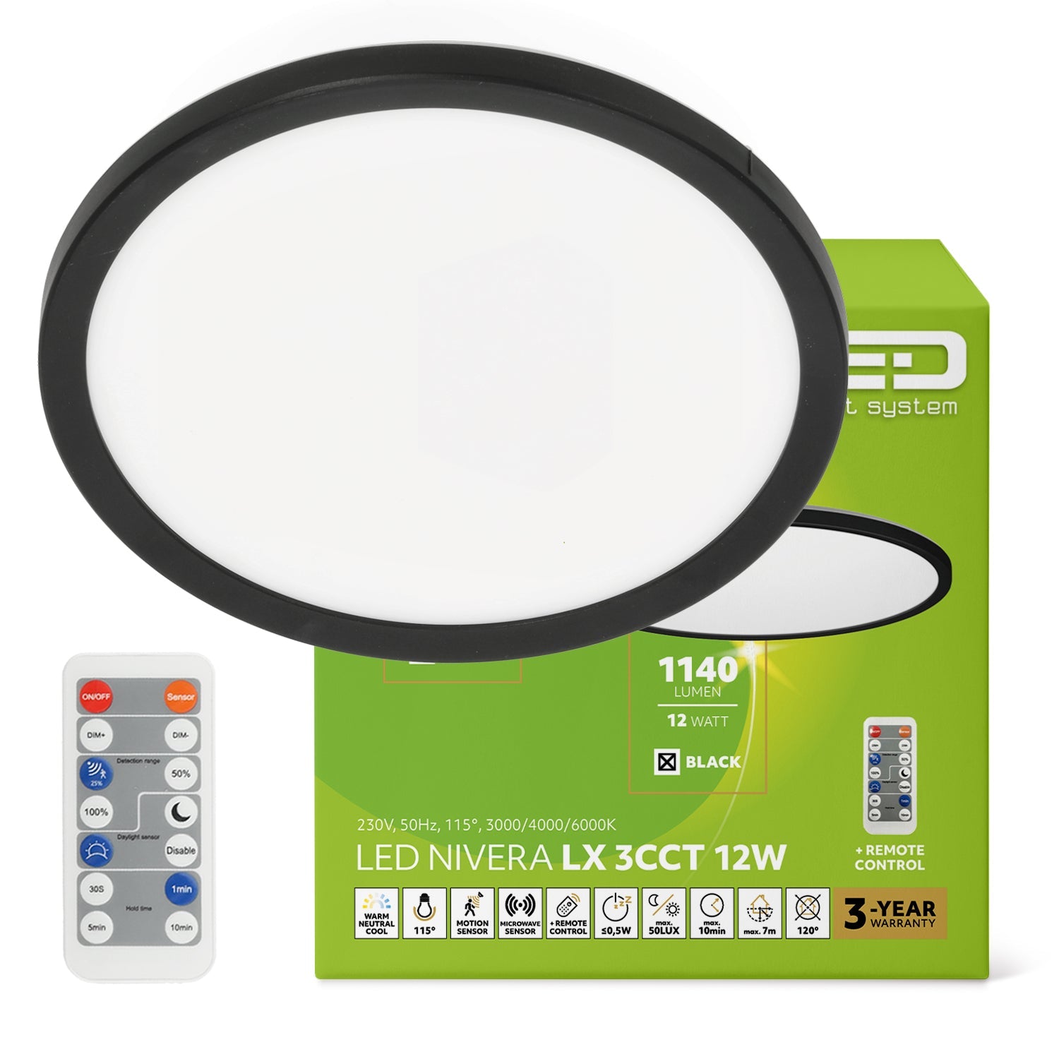 Plafon LED 12W IP54 z czujnikiem ruchu i zmierzchu + pilot | lampa sufitowa 3 barwy światł - LAITICA