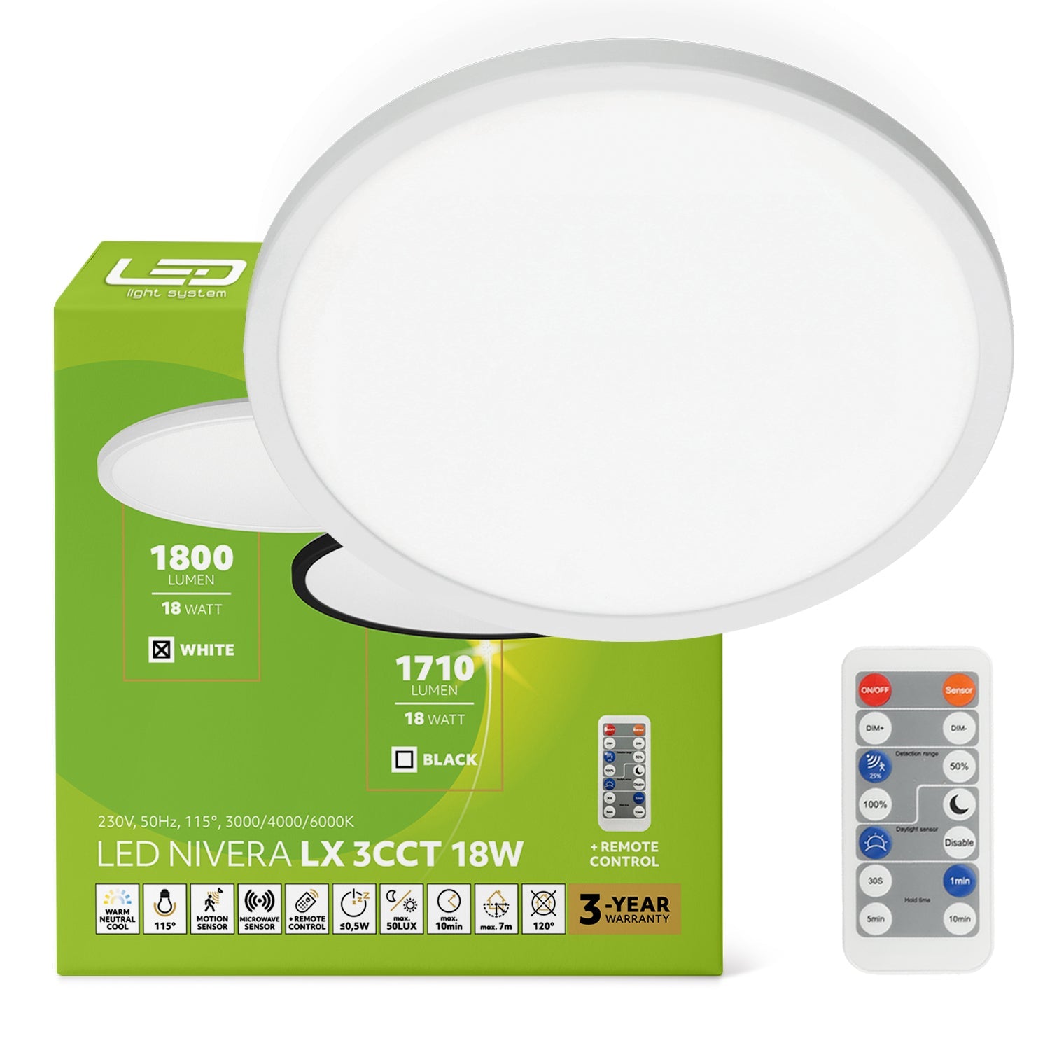 Plafon LED 18W IP54 z czujnikiem ruchu i zmierzchu, 3 barwy światła, pilot – Lampa sufitowa inteligentna - LAITICA