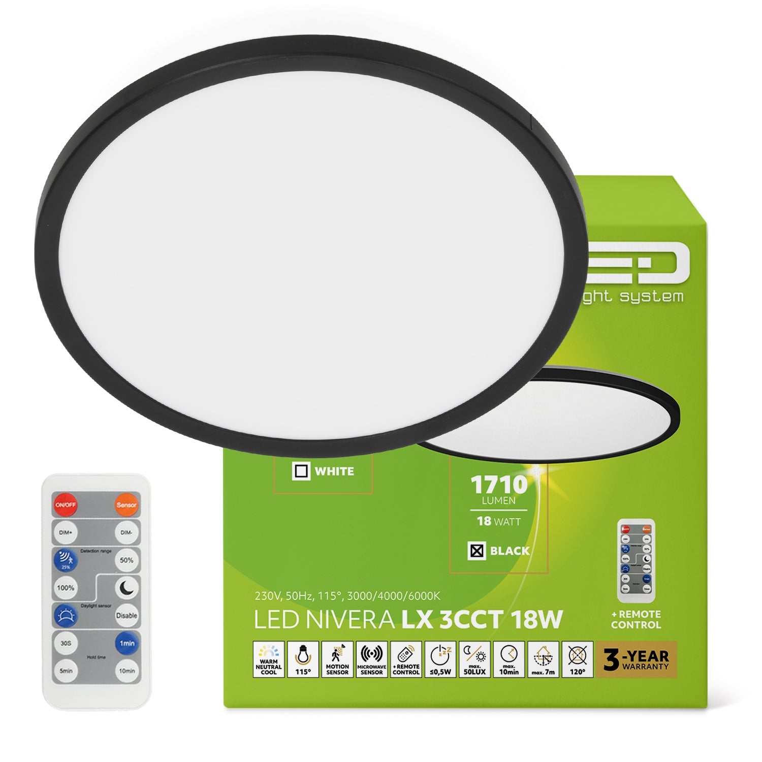 Plafon LED 18W IP54 z czujnikiem ruchu i zmierzchu + pilot | lampa sufitowa 3 barwy światł - LAITICA