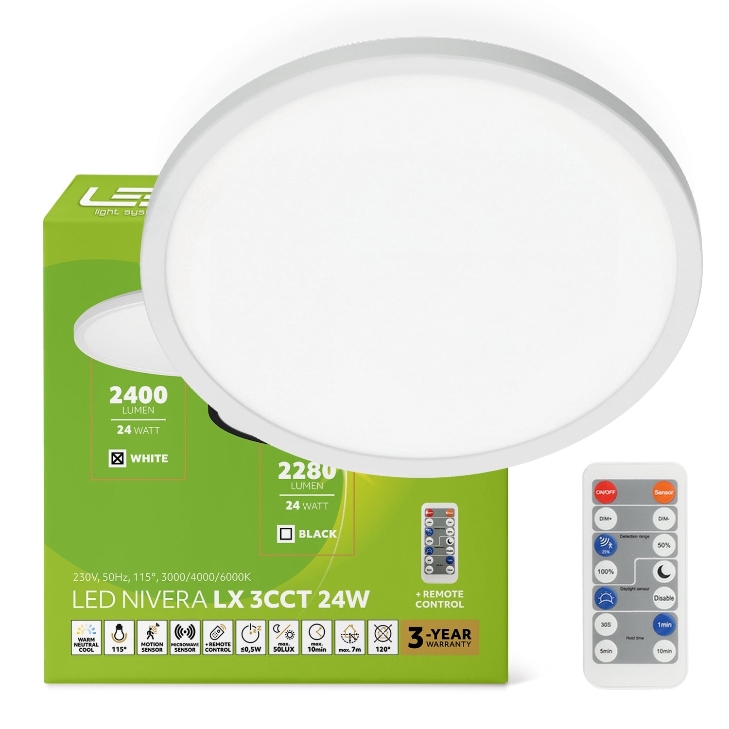 Plafon LED 24W IP54 z czujnikiem ruchu i zmierzchu, 3 barwy światła, pilot – Lampa sufitowa inteligentna - LAITICA