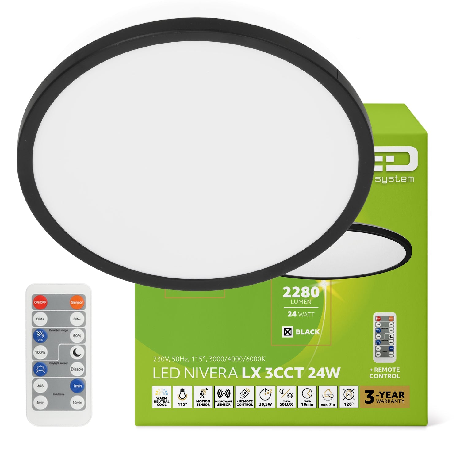 Plafon LED 24W IP54 z czujnikiem ruchu i zmierzchu + pilot | lampa sufitowa 3 barwy światła - LAITICA