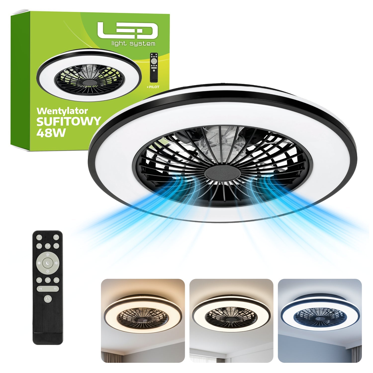 Plafon LED z wentylatorem sufitowym w kolorze czarnym – model LAITICA