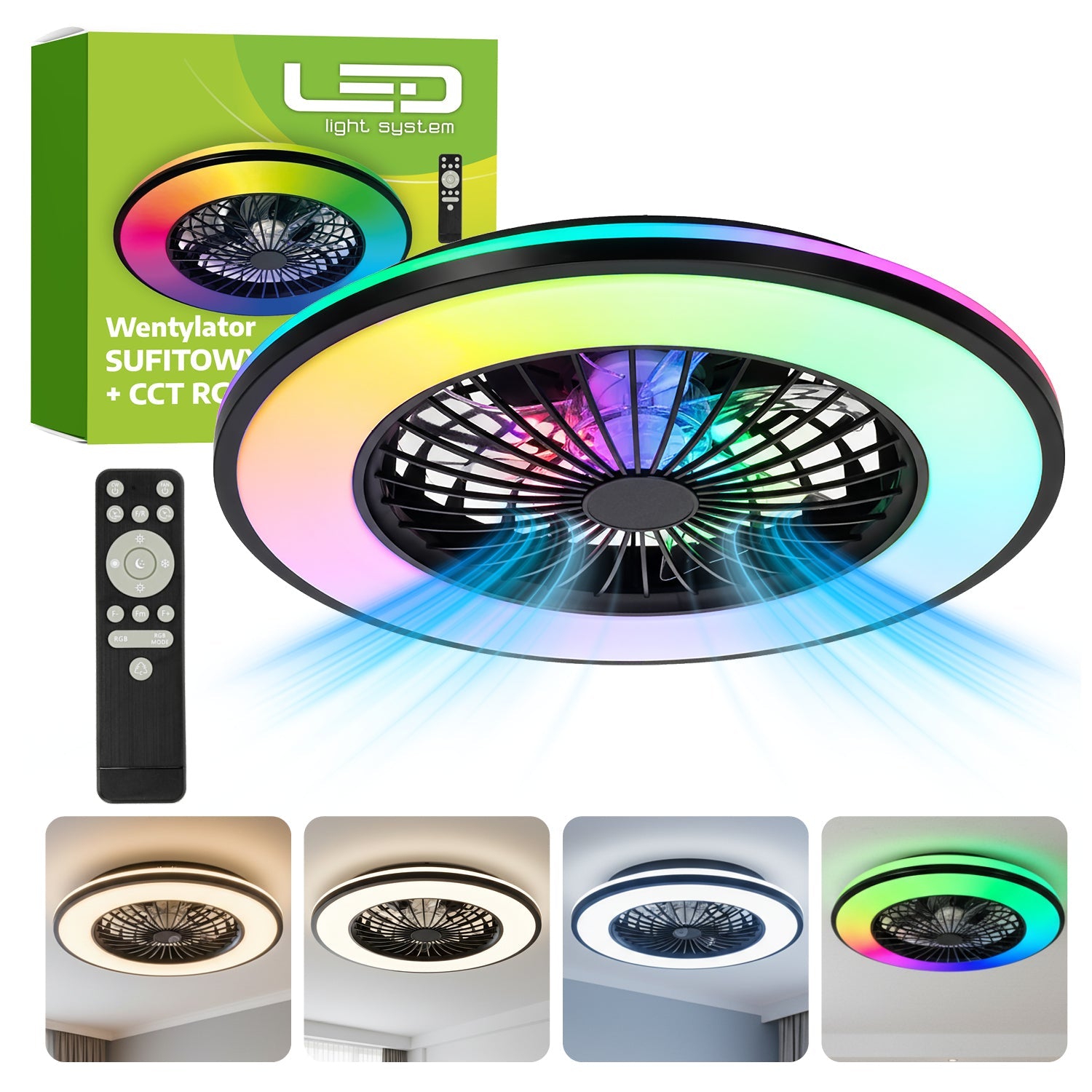 Plafon LED z wentylatorem i pilotem 48W – 3CCT + RGB, wiatrak sufitowy, tryb lato/zima, czarny - LAITICA