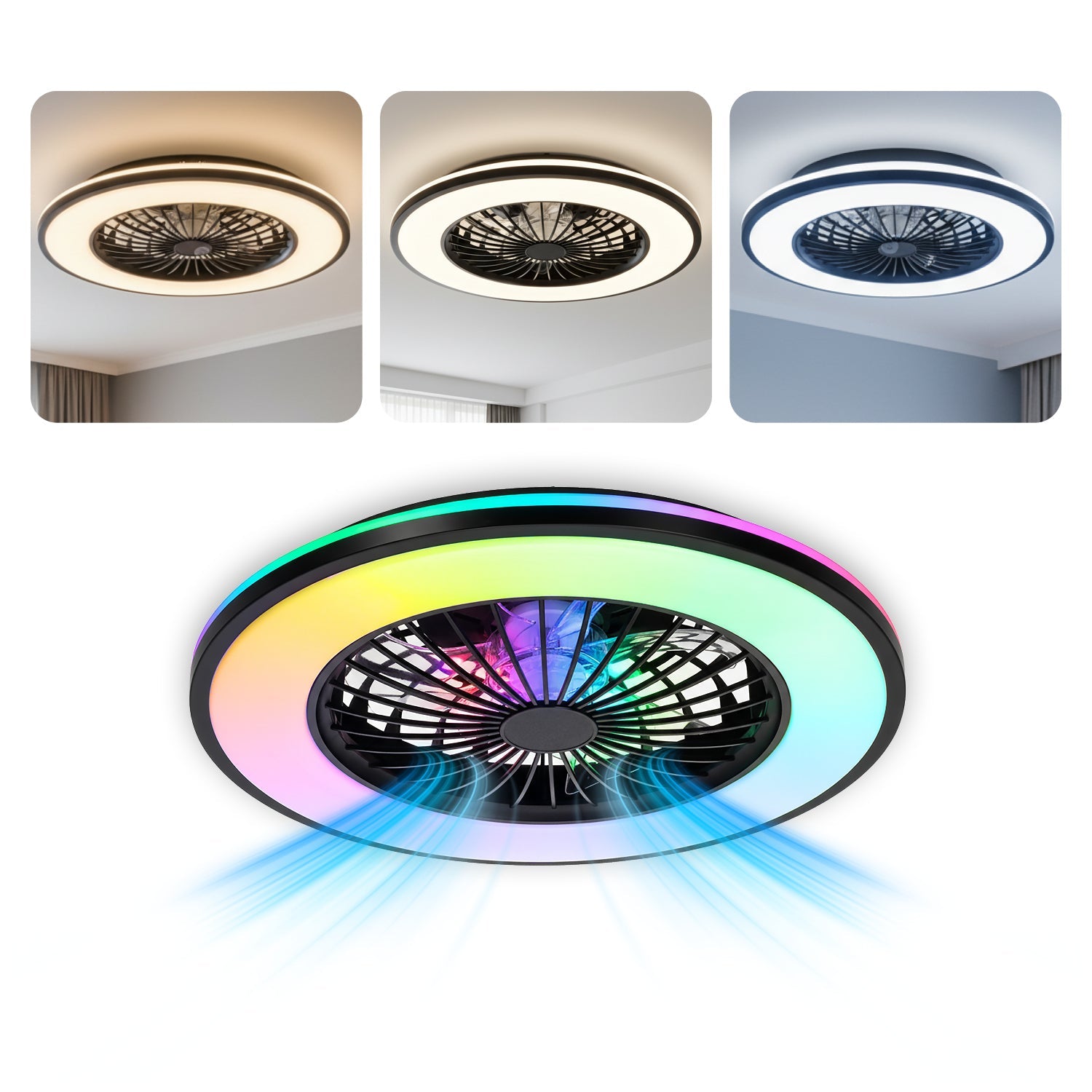 Plafon LED z wentylatorem i pilotem 48W – 3CCT + RGB, wiatrak sufitowy, tryb lato/zima, czarny - LAITICA