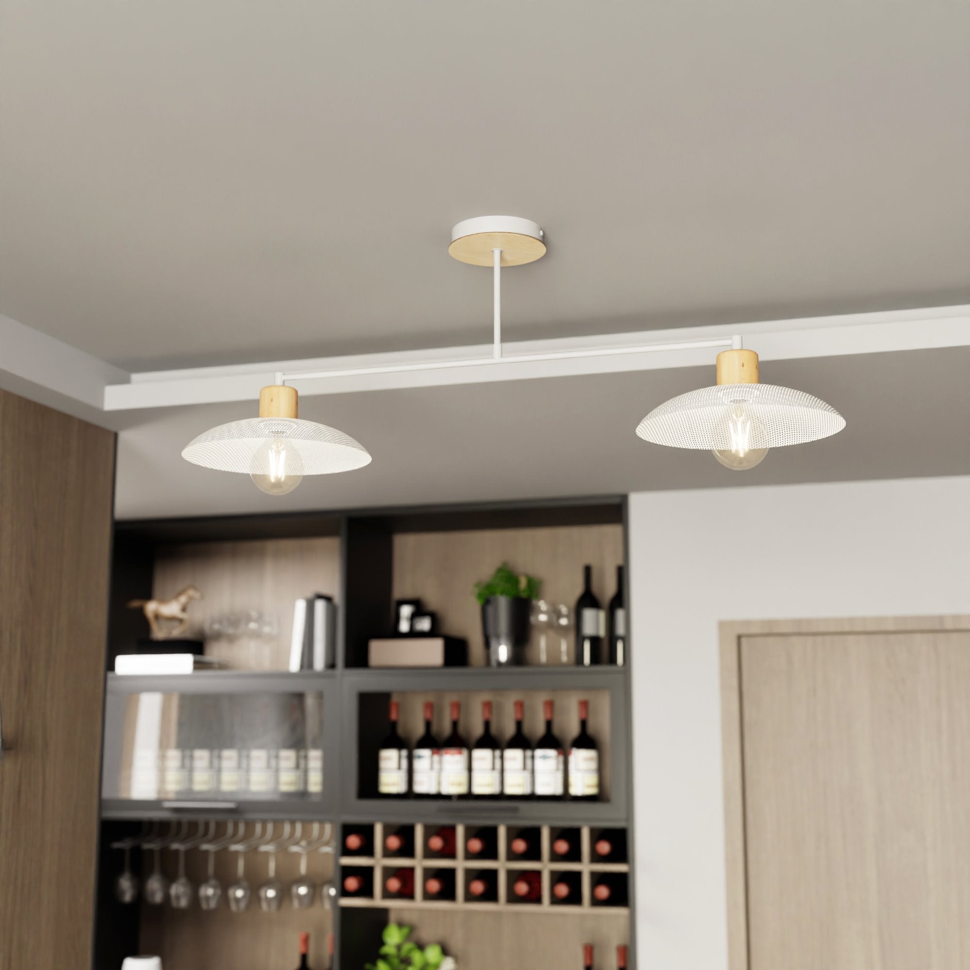 Podwójna lampa sufitowa NELI BIAŁA metal i drewno 2xE27 wisząca - LAITICA