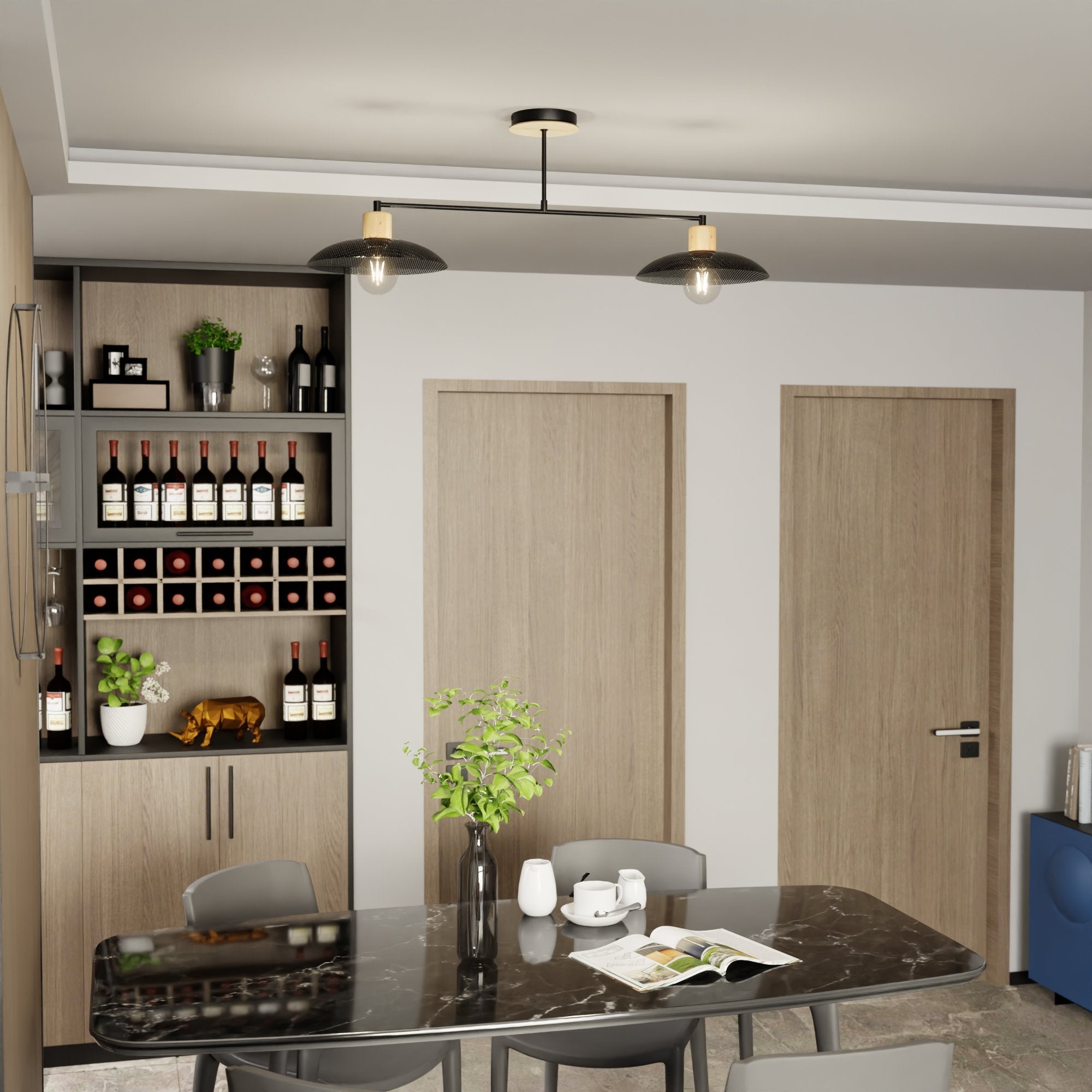 Podwójna lampa sufitowa NELI CZARNA metal i drewno 2xE27 wisząca - LAITICA