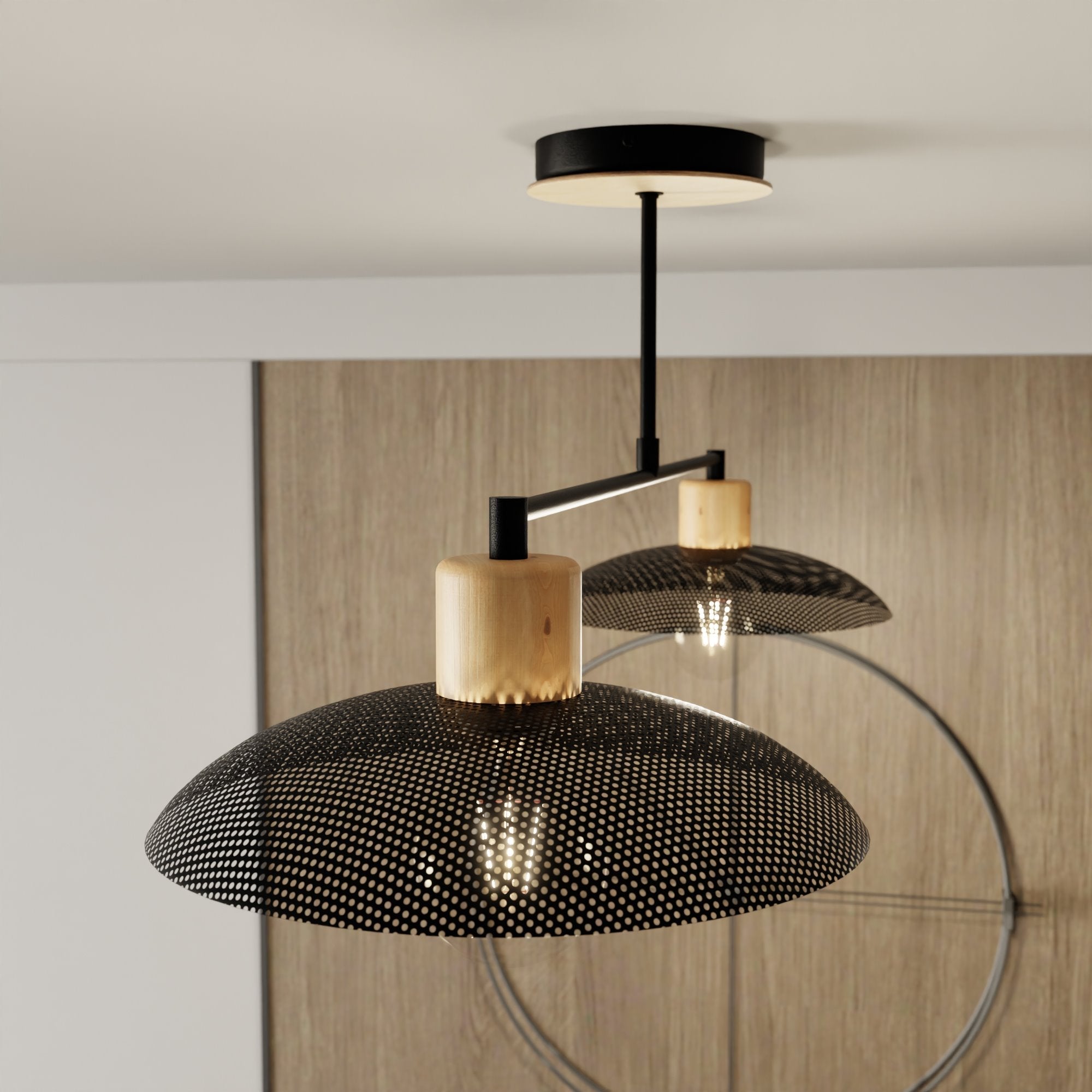 Podwójna lampa sufitowa NELI CZARNA metal i drewno 2xE27 wisząca - LAITICA