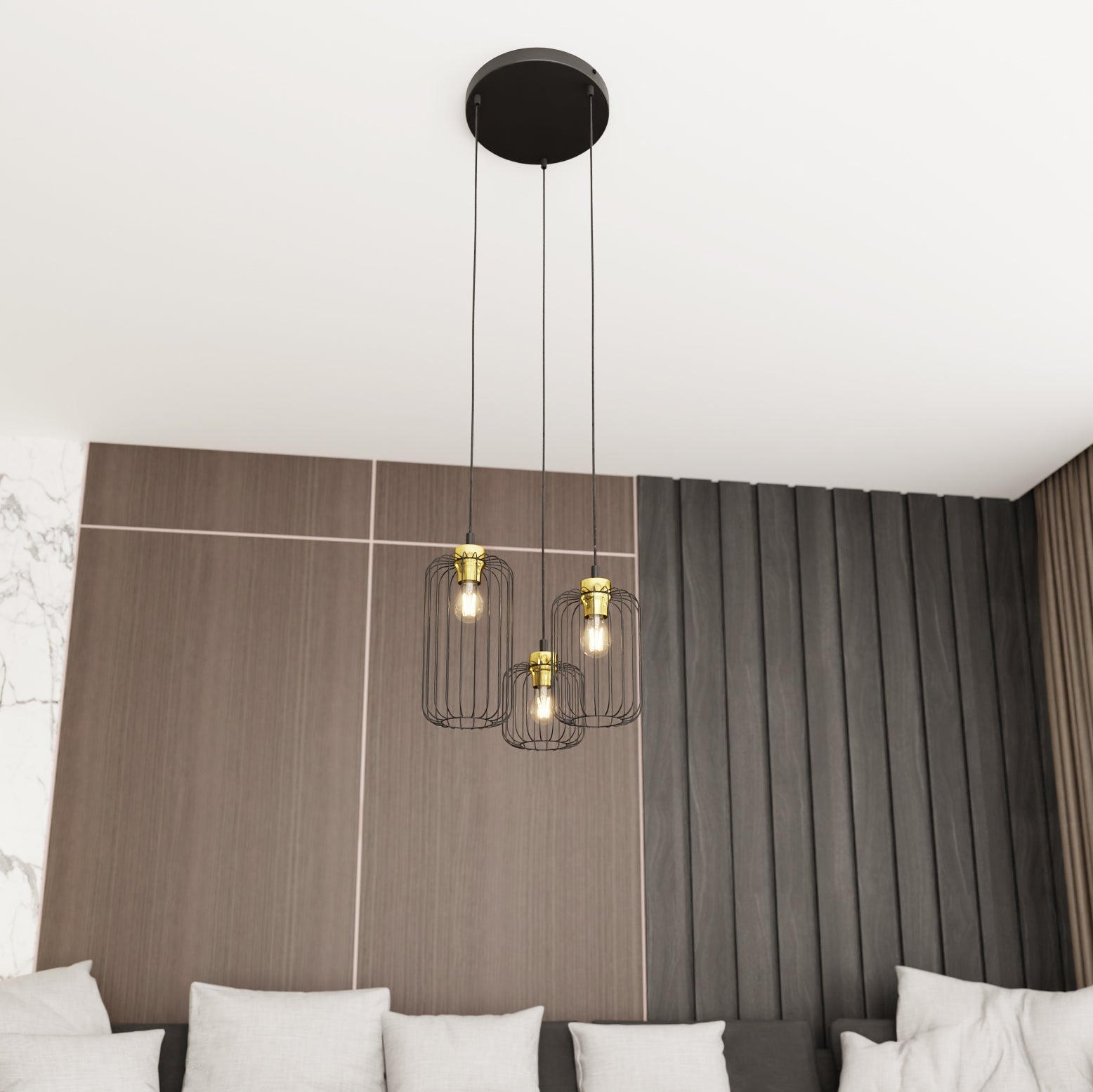 Potrójna Lampa Wisząca Loft LIMA Czarna Złote Elementy Nowoczesna E27 Zwis - LAITICA