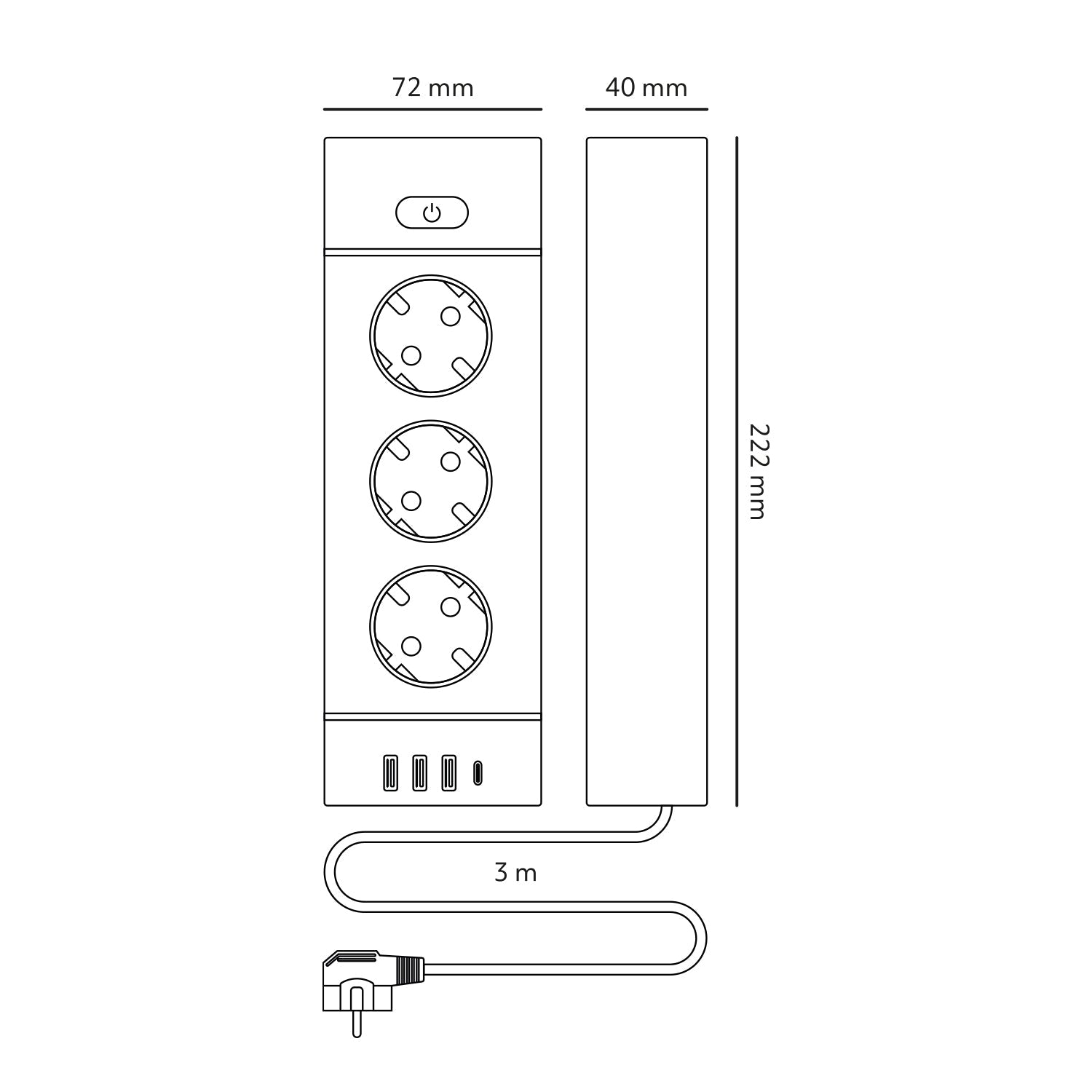 Przedłużacz 3 gniazda 230V z USB i USB - C 3250W 16A z wyłącznikiem biały - LAITICA