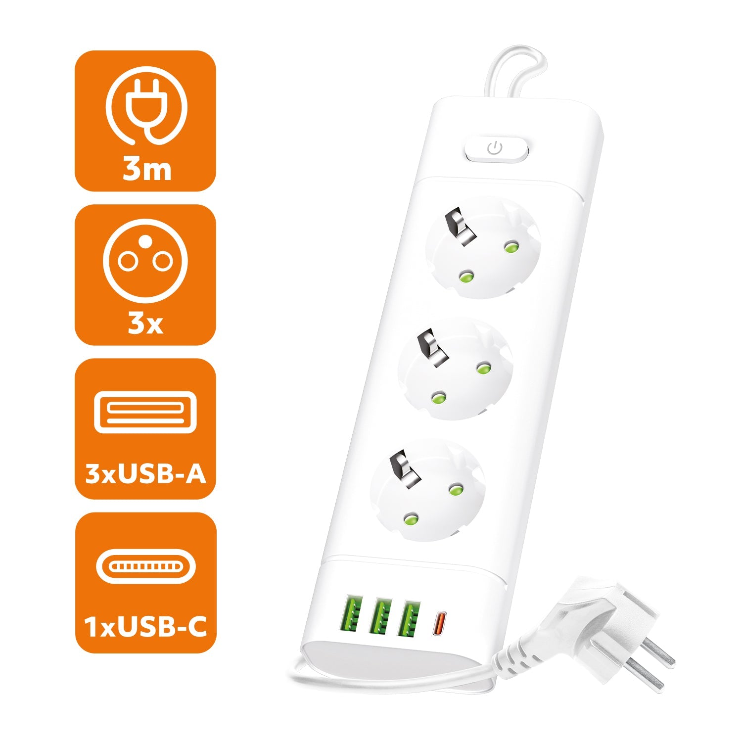 Przedłużacz 3 gniazda 230V z USB i USB - C 3250W 16A z wyłącznikiem biały - LAITICA