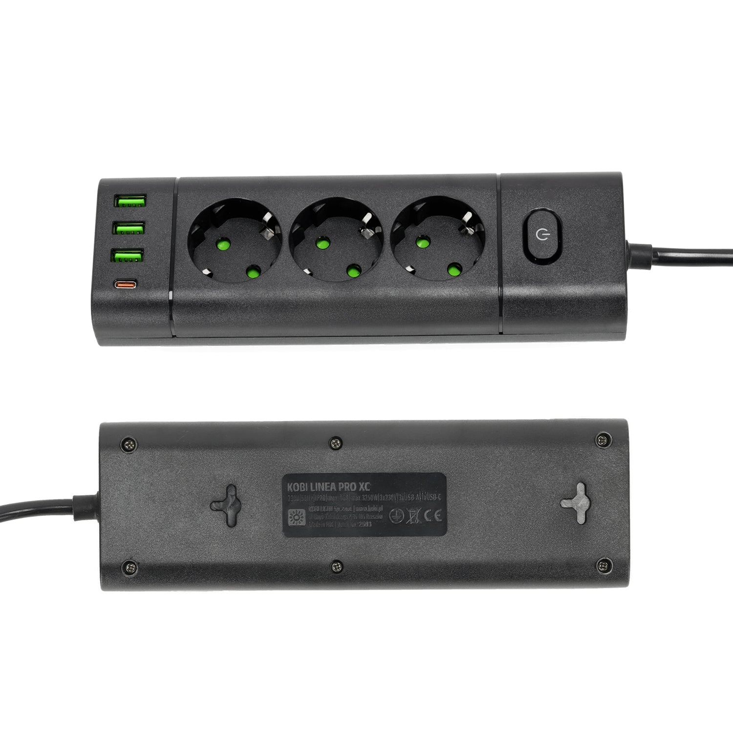 Przedłużacz 3 gniazda 230V z USB i USB - C 3250W 16A z wyłącznikiem czarny - LAITICA