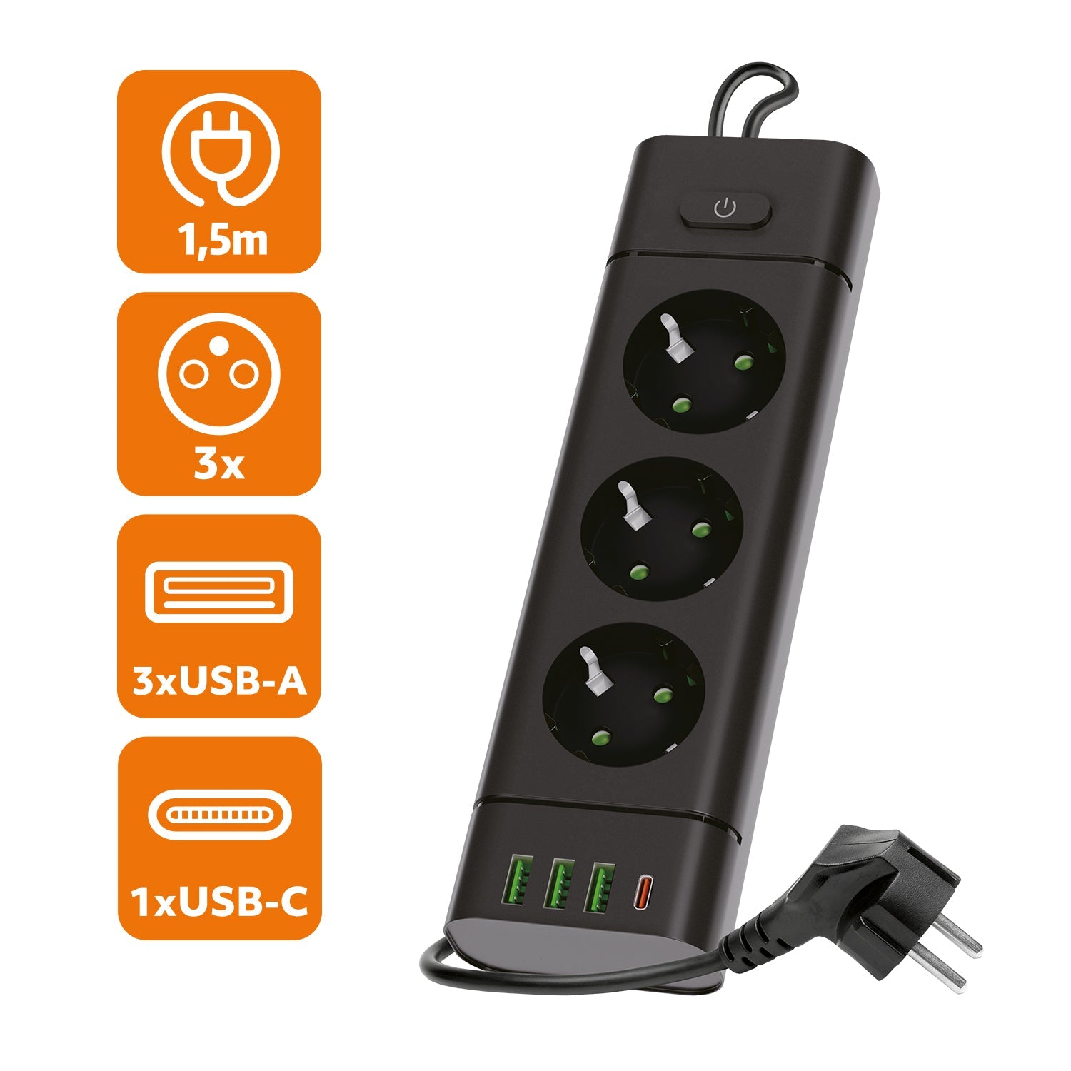 Przedłużacz 3 gniazda 230V z USB i USB - C 3250W 16A z wyłącznikiem czarny - LAITICA