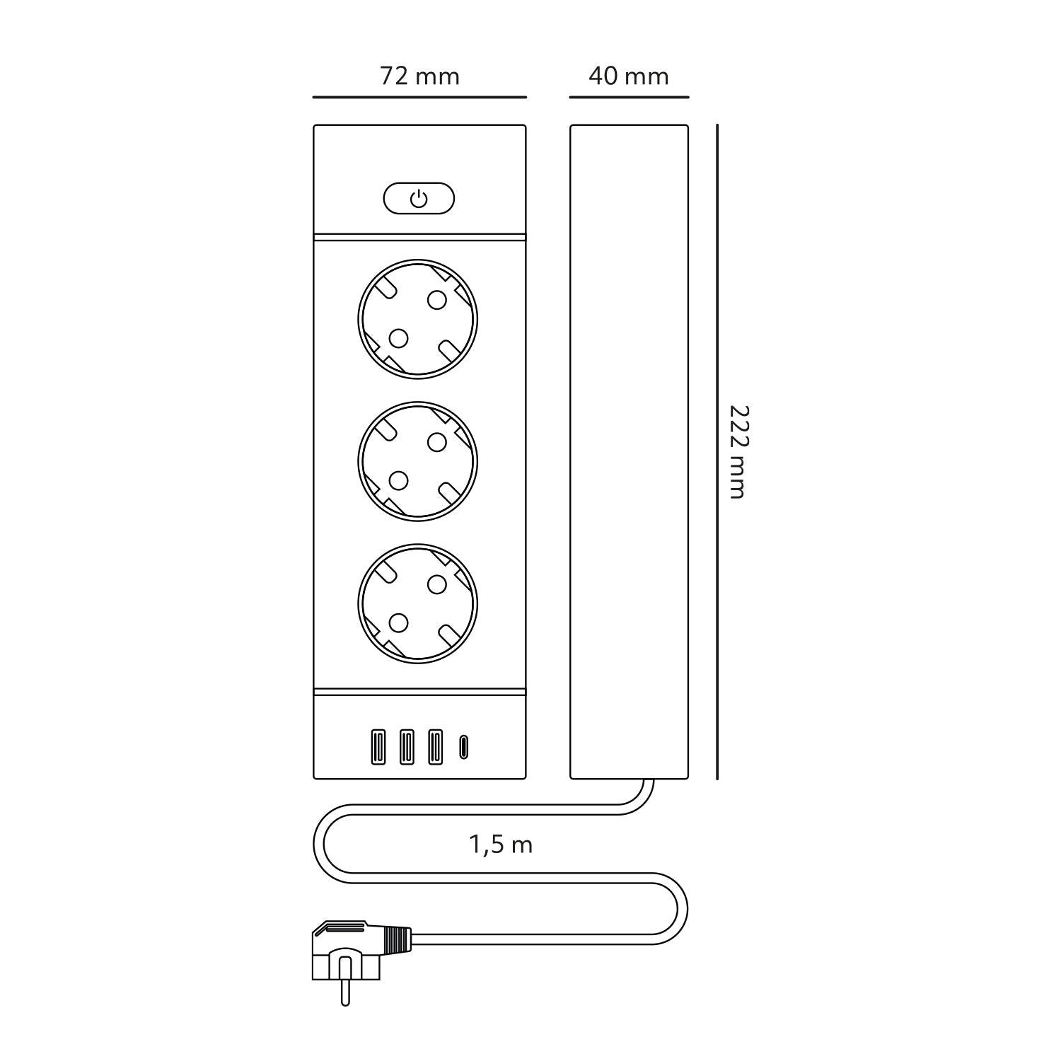 Przedłużacz 3 gniazda 230V z USB i USB - C 3250W 16A z wyłącznikiem czarny - LAITICA