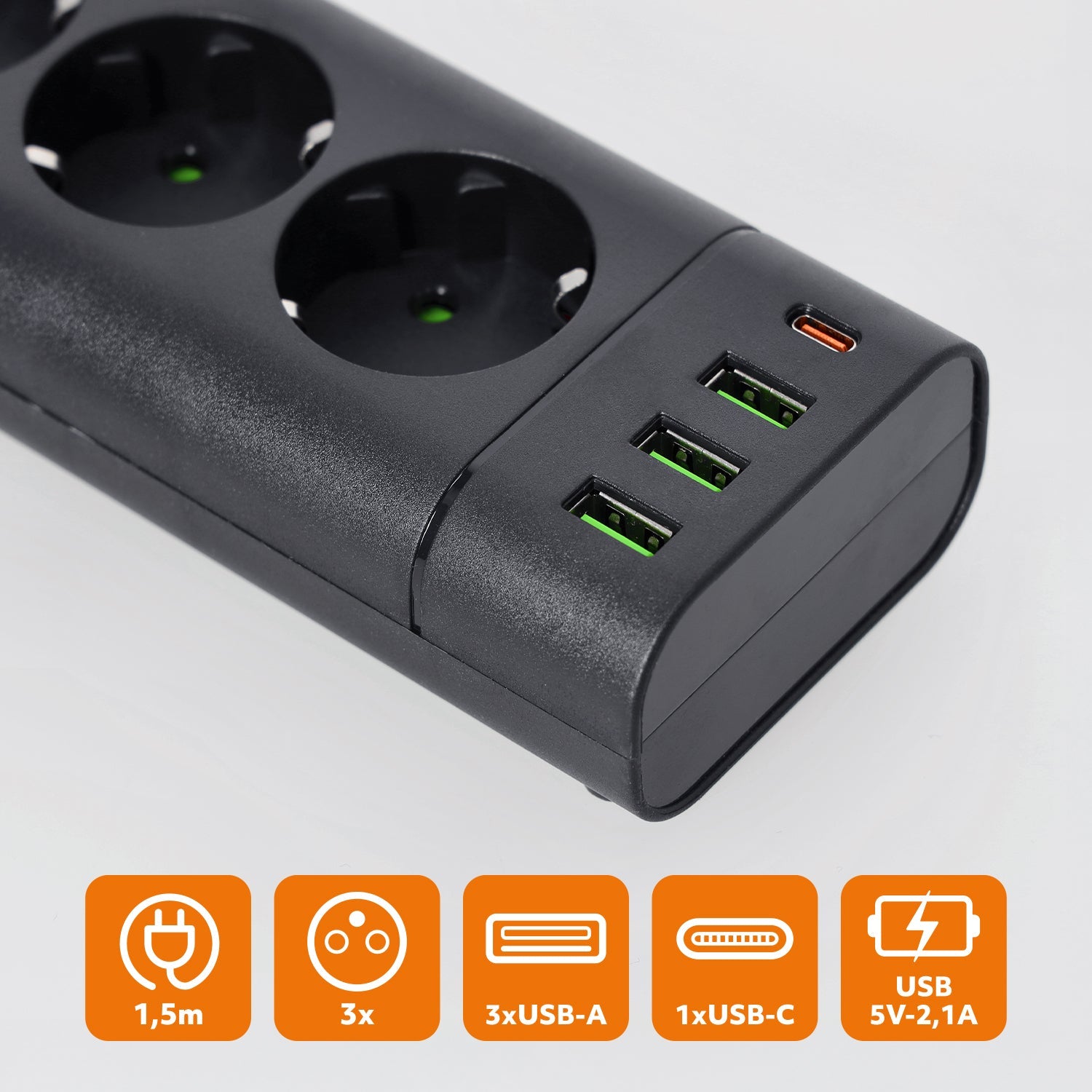 Przedłużacz 3 gniazda 230V z USB i USB - C 3250W 16A z wyłącznikiem czarny - LAITICA