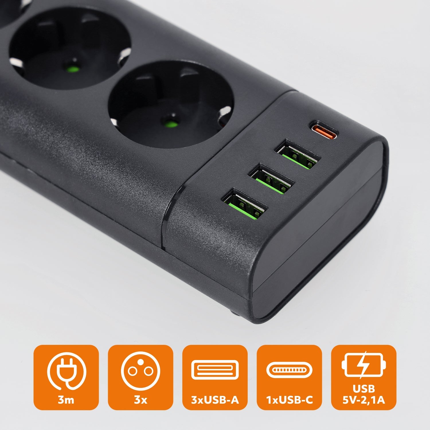 Przedłużacz 3 gniazda 3m 230V z USB i USB - C 3250W 16A z wyłącznikiem czarny - LAITICA