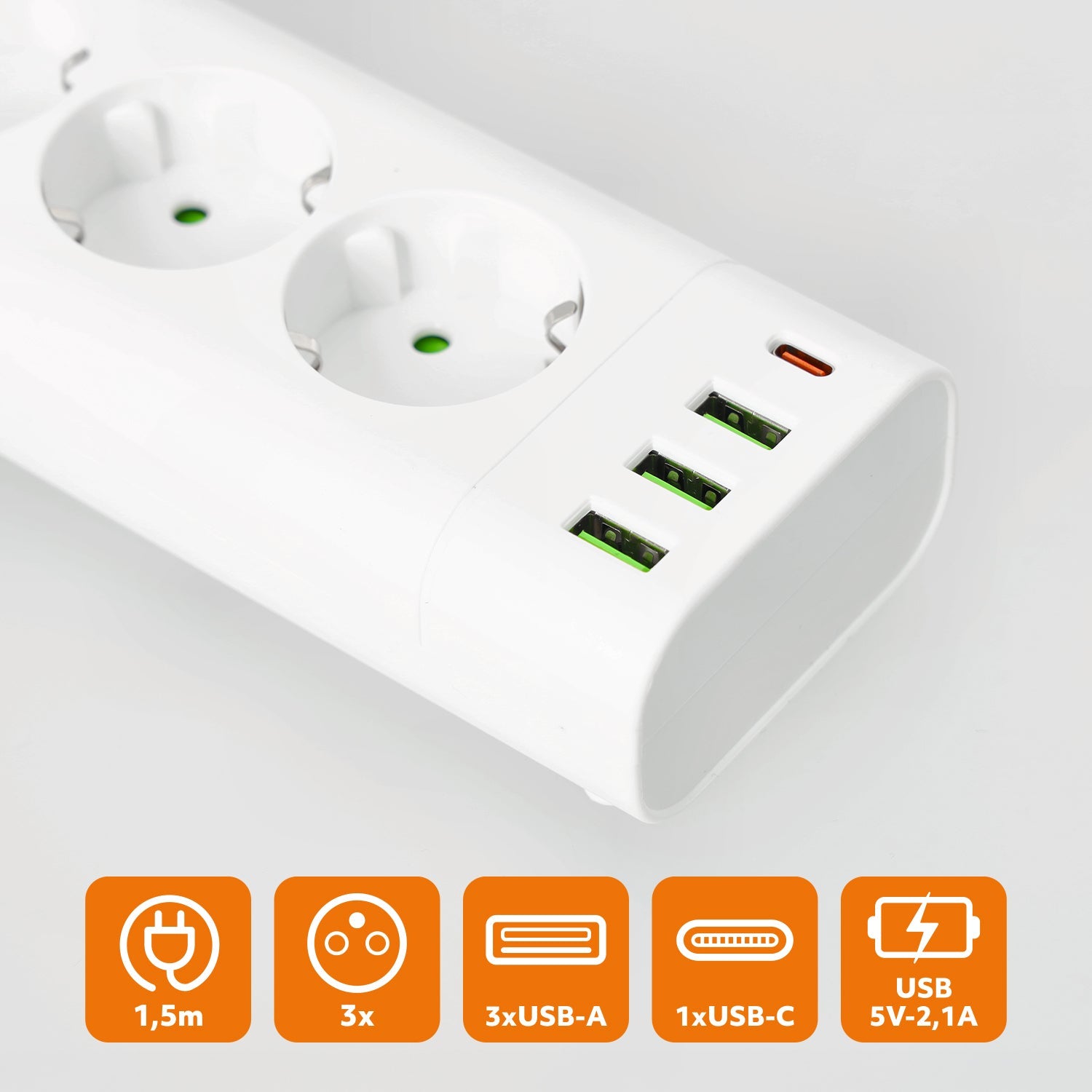Przedłużacz 3x230V z USB i USB - C 3250W 16A z wyłącznikiem – biały - LAITICA