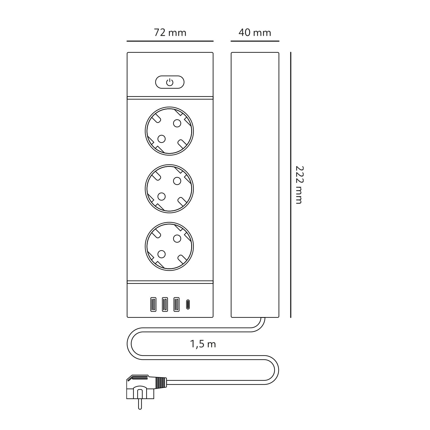 Przedłużacz 3x230V z USB i USB - C 3250W 16A z wyłącznikiem – biały - LAITICA