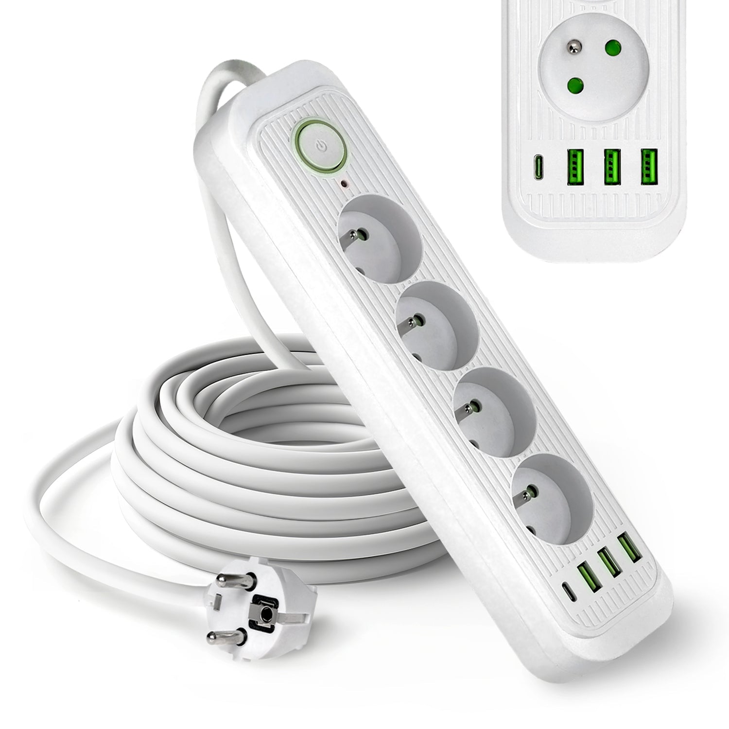 Przedłużacz 4 gniazda 5m LISTWA ZASILAJĄCA biały + 4x USB Z WŁĄCZNIKIEM - LAITICA