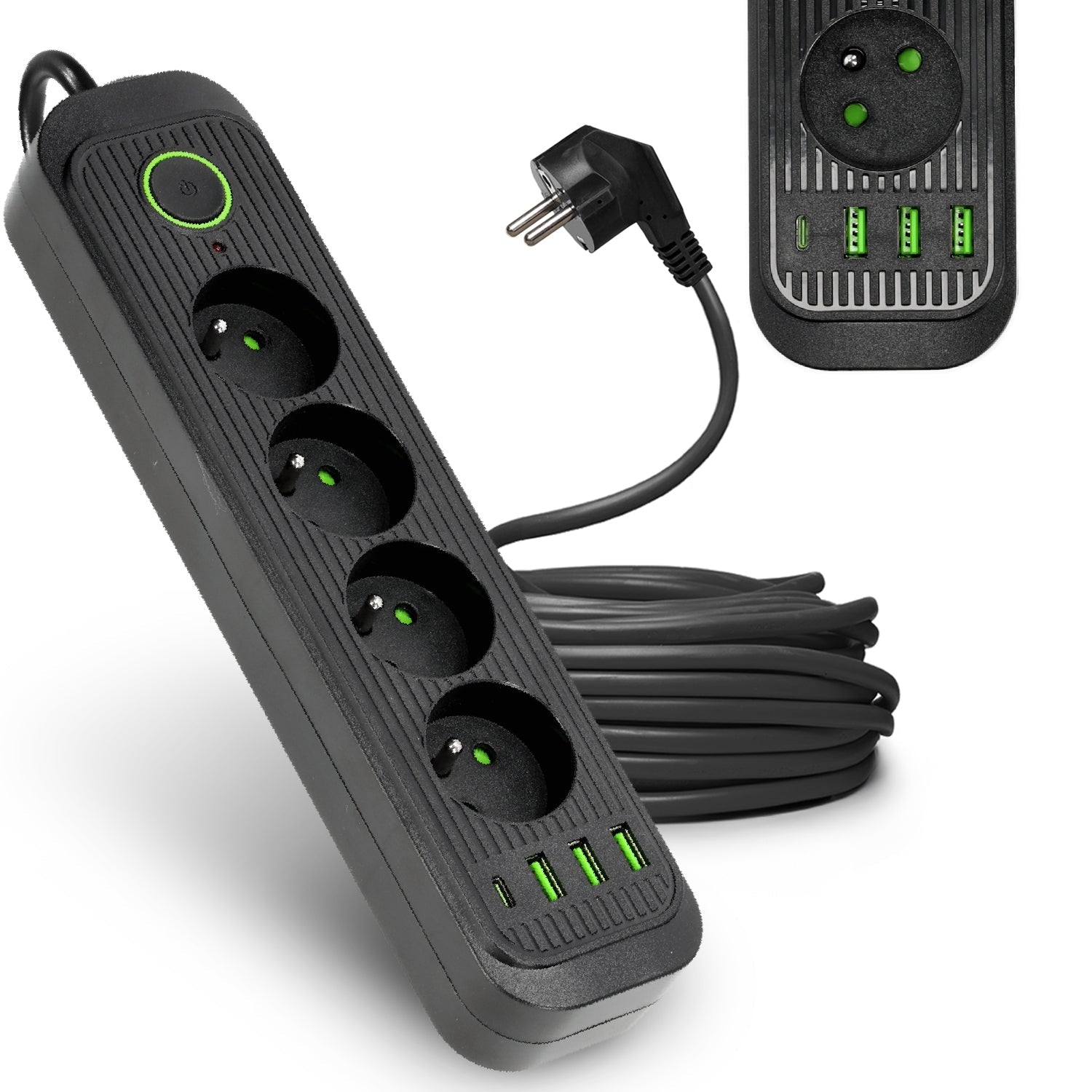 Przedłużacz 4 gniazda 5m LISTWA ZASILAJĄCA czarny + 4x USB Z WŁĄCZNIKIEM - LAITICA