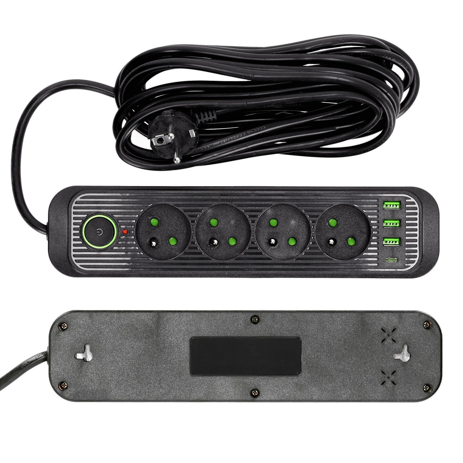 Przedłużacz 4 gniazda 5m LISTWA ZASILAJĄCA czarny + 4x USB Z WŁĄCZNIKIEM - LAITICA