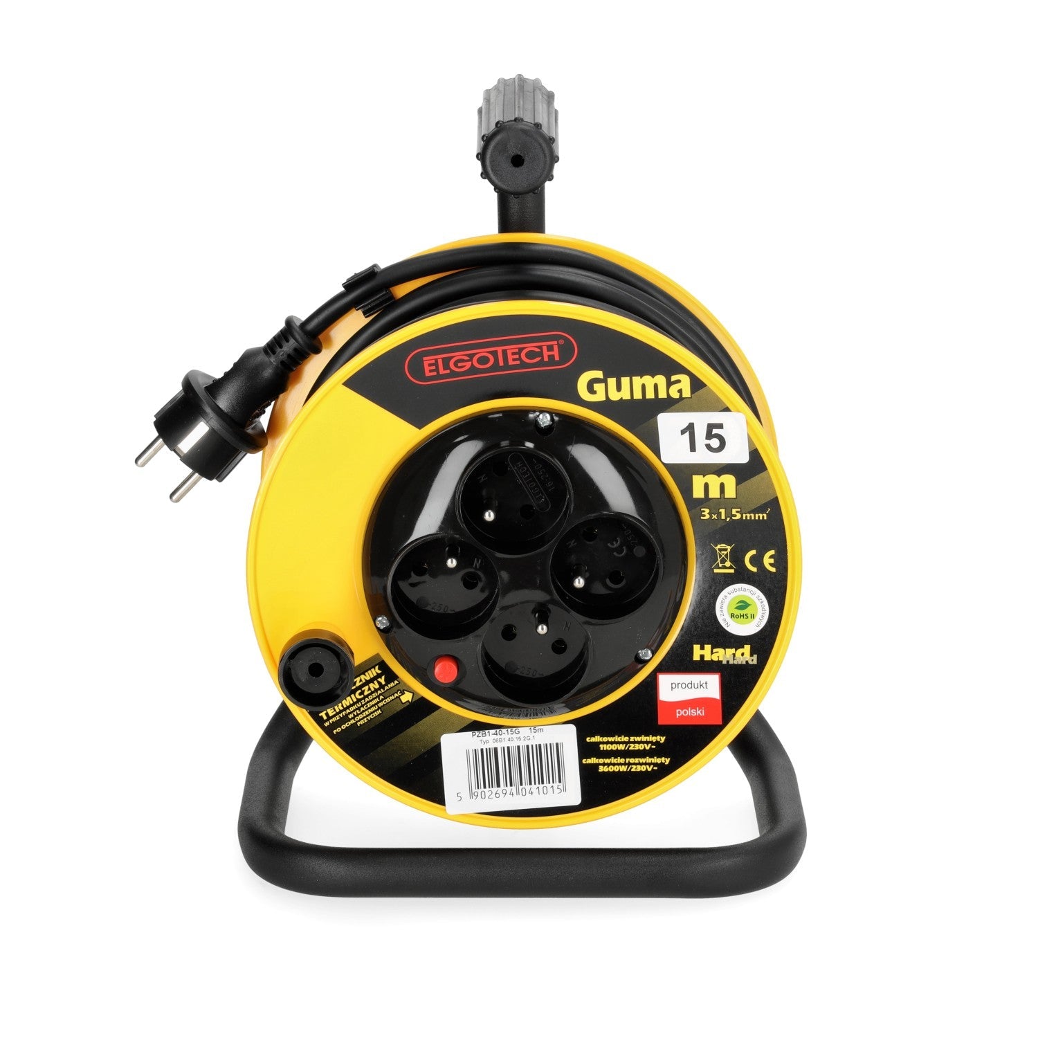 Przedłużacz bębnowy ogrodowy 15m 4 gniazda guma 3x1,5mm zwijany Z UCHWYTEM - LAITICA