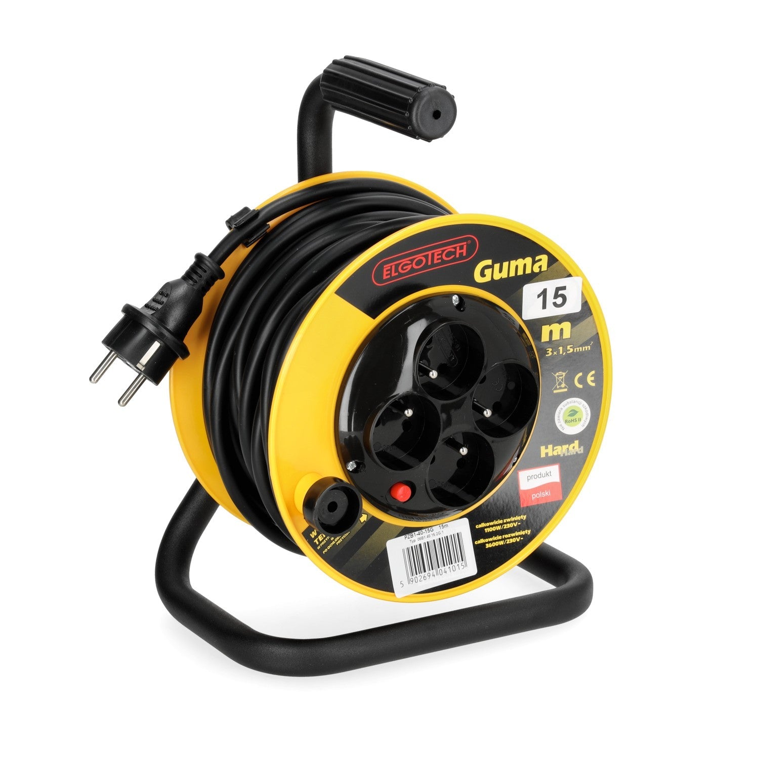 Przedłużacz bębnowy ogrodowy 15m 4 gniazda guma 3x1,5mm zwijany Z UCHWYTEM - LAITICA