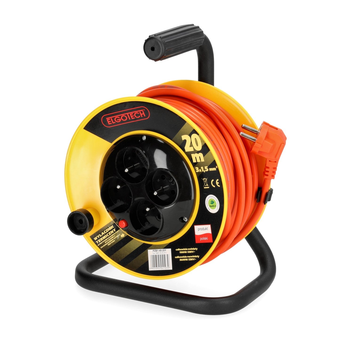 Przedłużacz bębnowy ogrodowy 20m 4 gniazda 3x1,5mm zwijany Z UCHWYTEM PVC - LAITICA