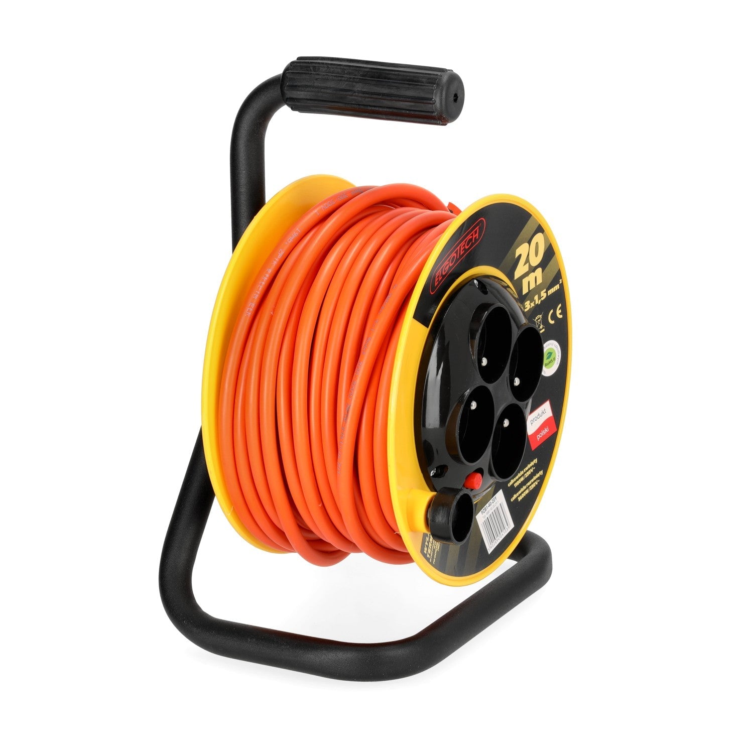 Przedłużacz bębnowy ogrodowy 20m 4 gniazda 3x1,5mm zwijany Z UCHWYTEM PVC - LAITICA