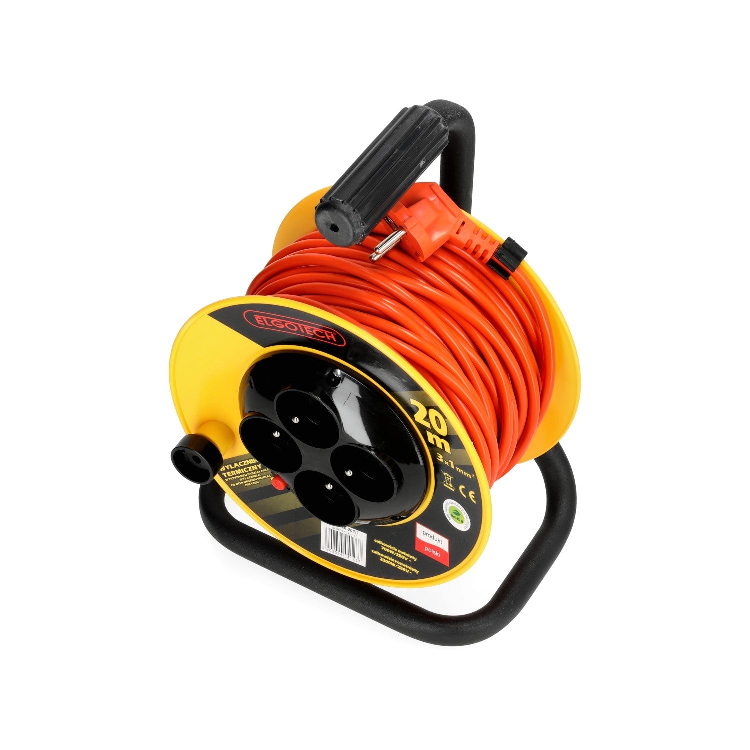 Przedłużacz bębnowy ogrodowy 20m 4 gniazda 3x1mm zwijany Z UCHWYTEM PVC - LAITICA