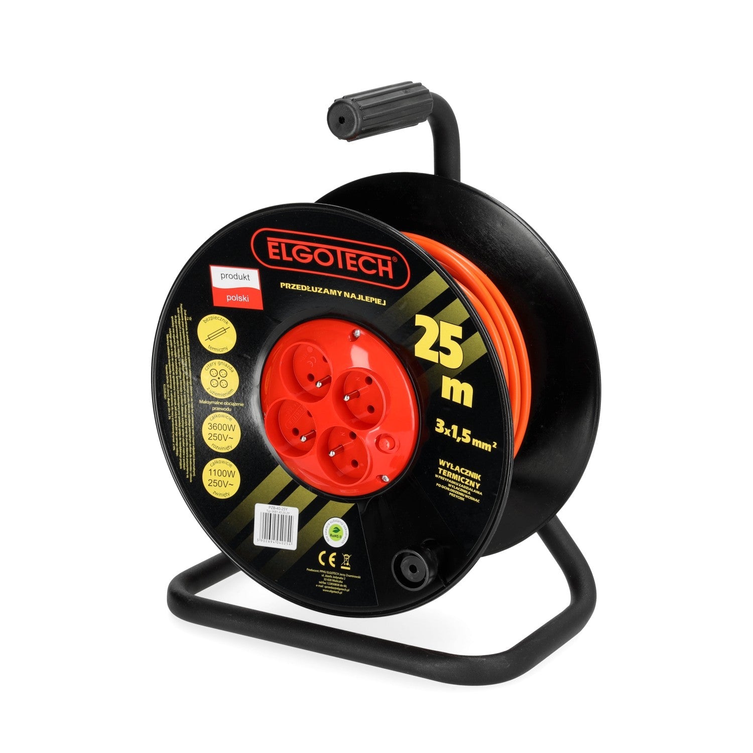 Przedłużacz bębnowy ogrodowy 25m 4 gniazda 3x1,5mm zwijany Z UCHWYTEM - LAITICA