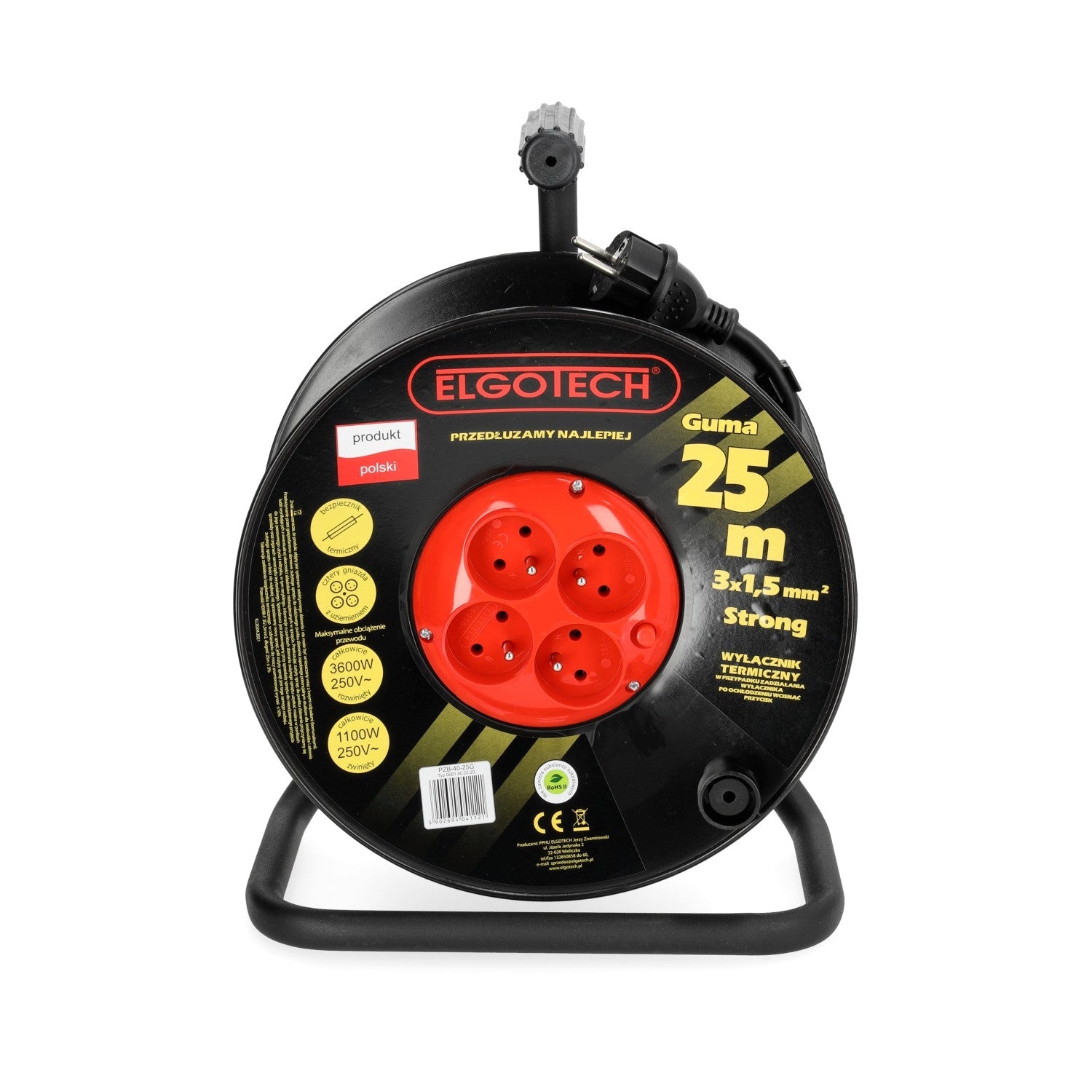 Przedłużacz bębnowy ogrodowy 25m 4 gniazda guma 3x1,5mm zwijany Z UCHWYTEM - LAITICA