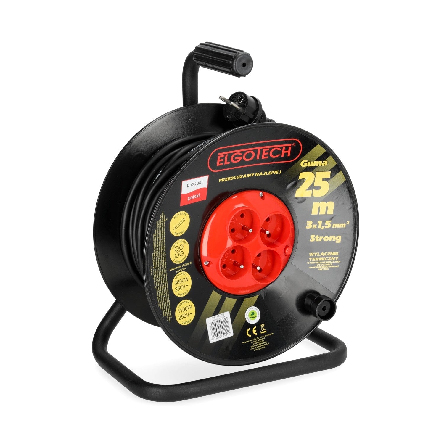 Przedłużacz bębnowy ogrodowy 25m 4 gniazda guma 3x1,5mm zwijany Z UCHWYTEM - LAITICA