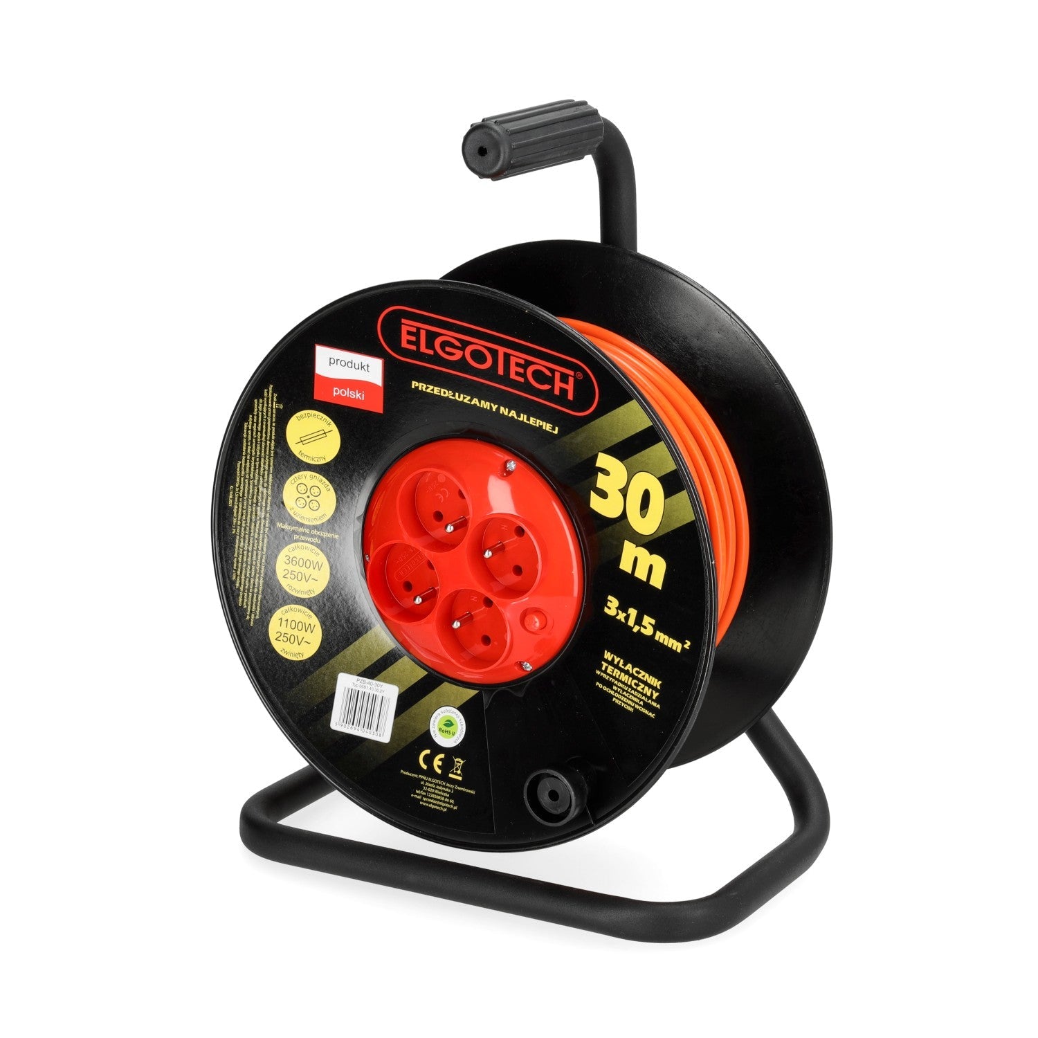 Przedłużacz bębnowy ogrodowy 30m 4 gniazda 3x1,5mm zwijany Z UCHWYTEM - LAITICA