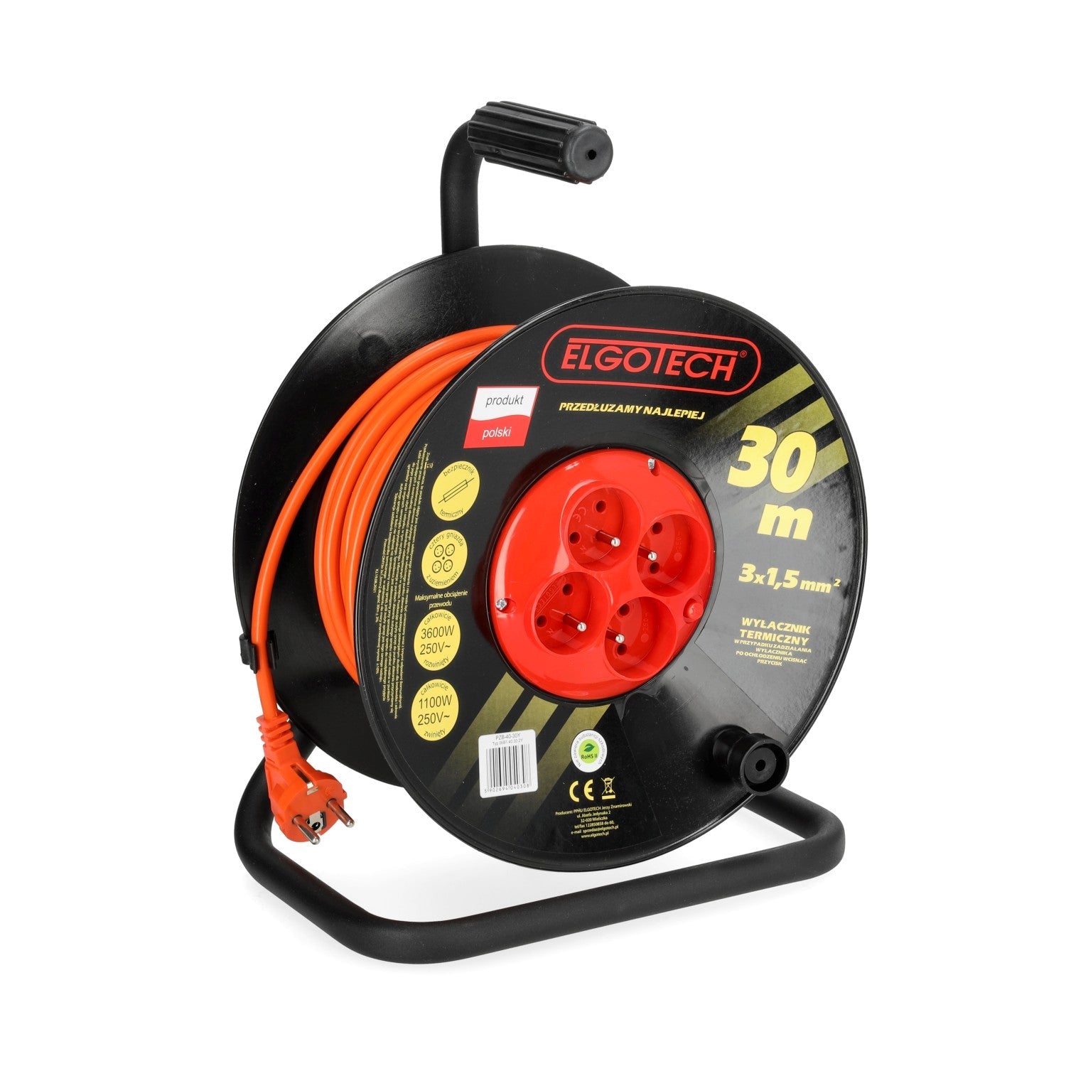 Przedłużacz bębnowy ogrodowy 30m 4 gniazda 3x1,5mm zwijany Z UCHWYTEM - LAITICA