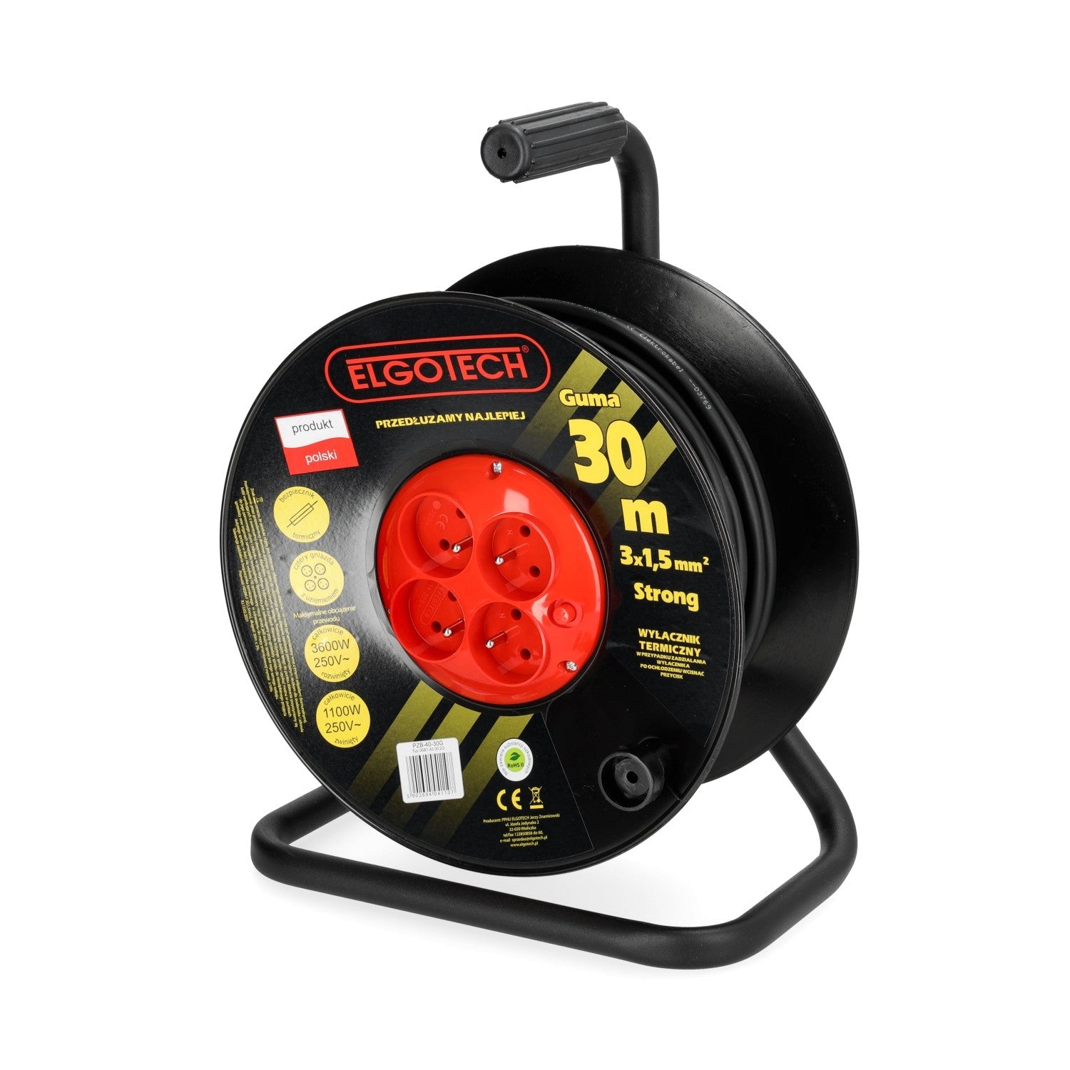 Przedłużacz bębnowy ogrodowy 30m 4 gniazda guma 3x1,5mm zwijany Z UCHWYTEM - LAITICA