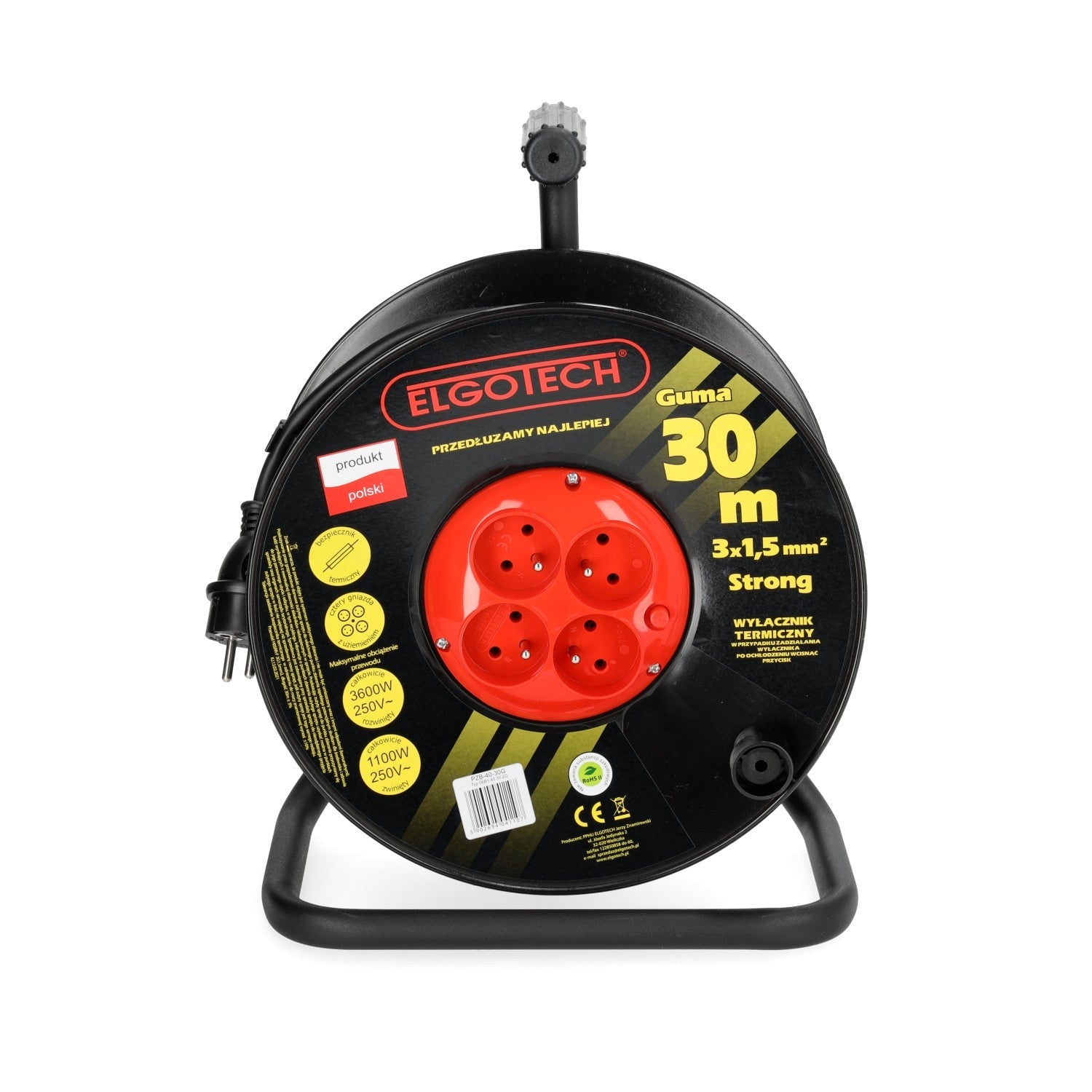 Przedłużacz bębnowy ogrodowy 30m 4 gniazda guma 3x1,5mm zwijany Z UCHWYTEM - LAITICA