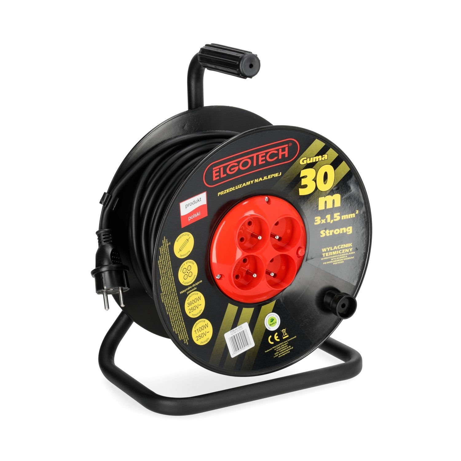 Przedłużacz bębnowy ogrodowy 30m 4 gniazda guma 3x1,5mm zwijany Z UCHWYTEM - LAITICA