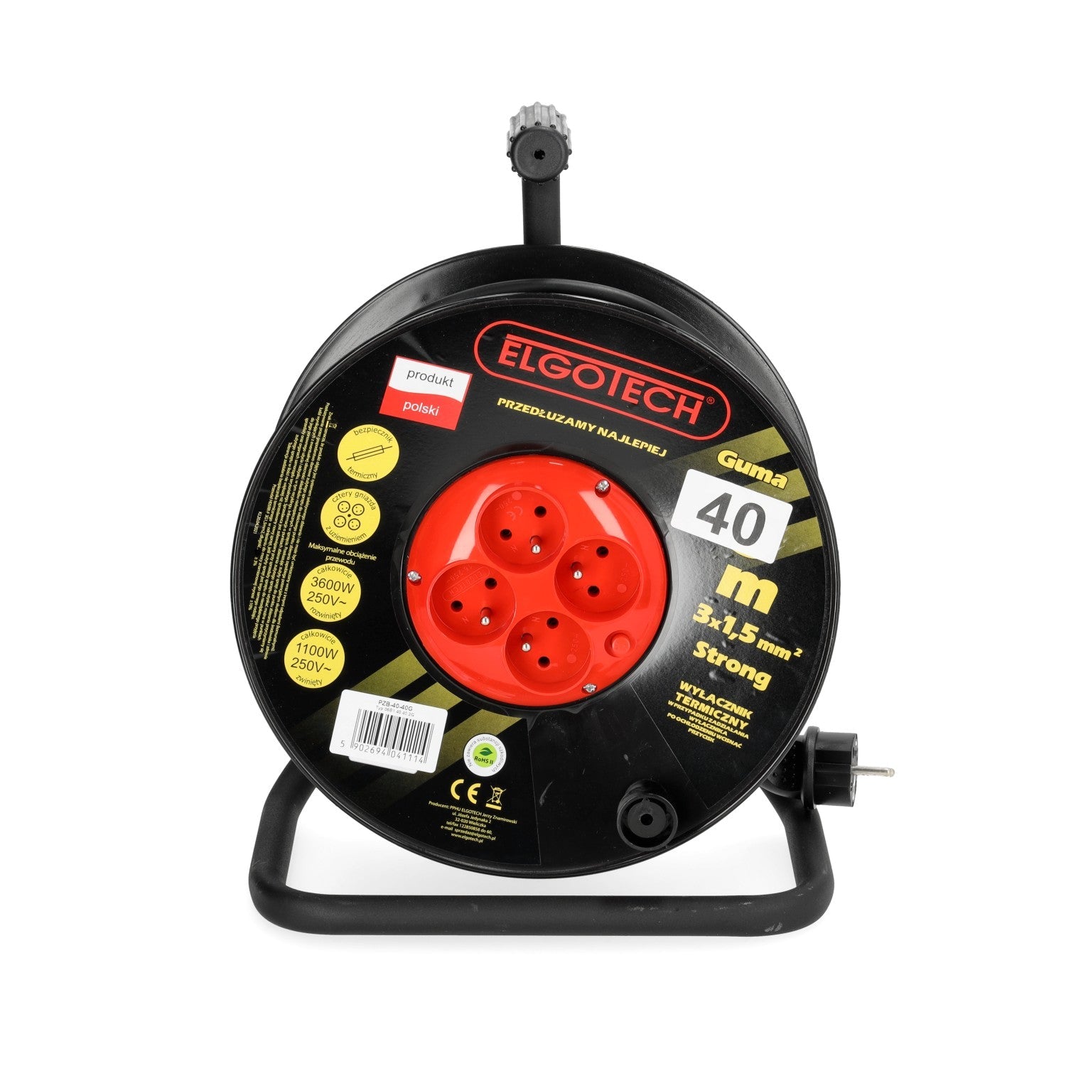 Przedłużacz bębnowy ogrodowy 40m 4 gniazda guma 3x1,5mm zwijany Z UCHWYTEM - LAITICA