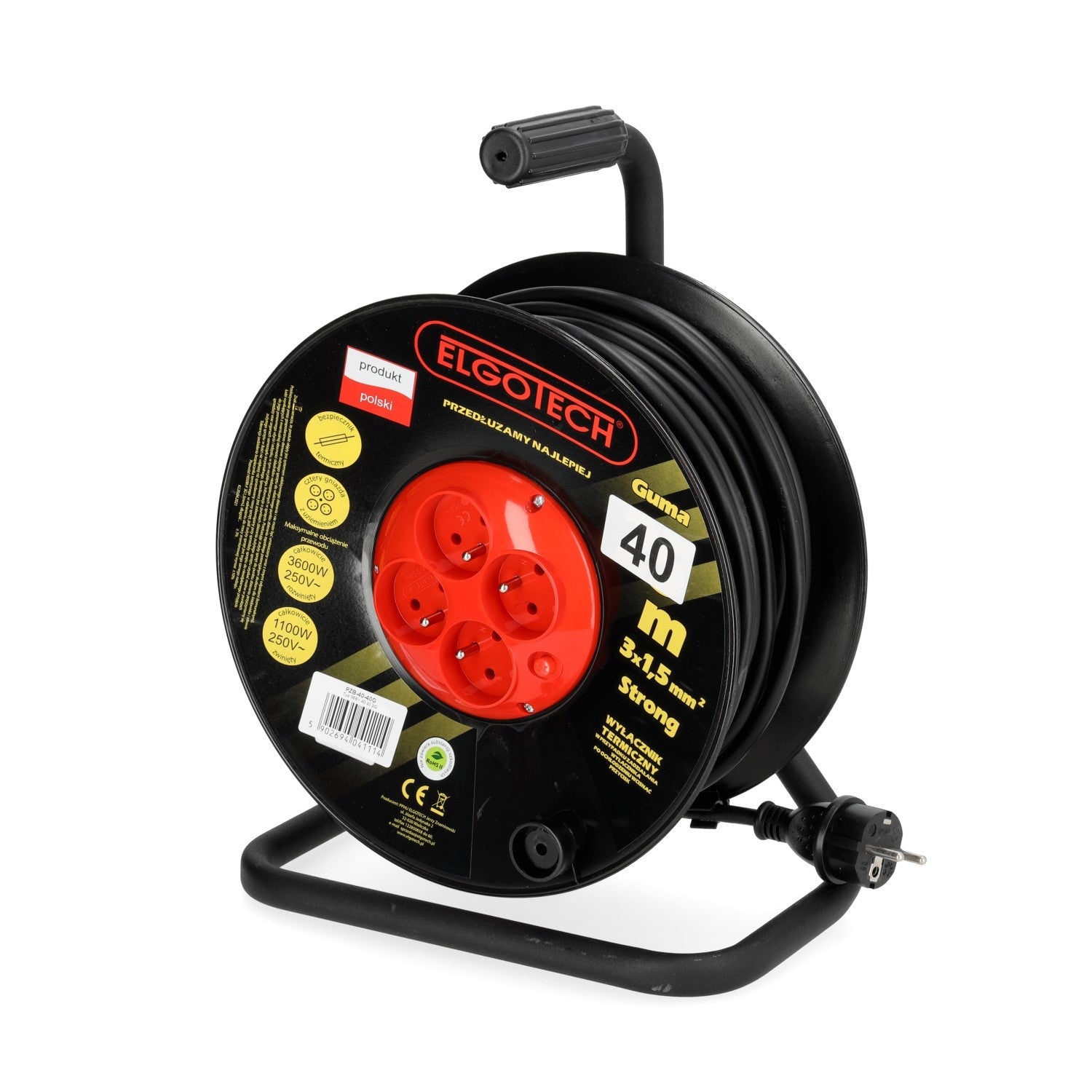 Przedłużacz bębnowy ogrodowy 40m 4 gniazda guma 3x1,5mm zwijany Z UCHWYTEM - LAITICA