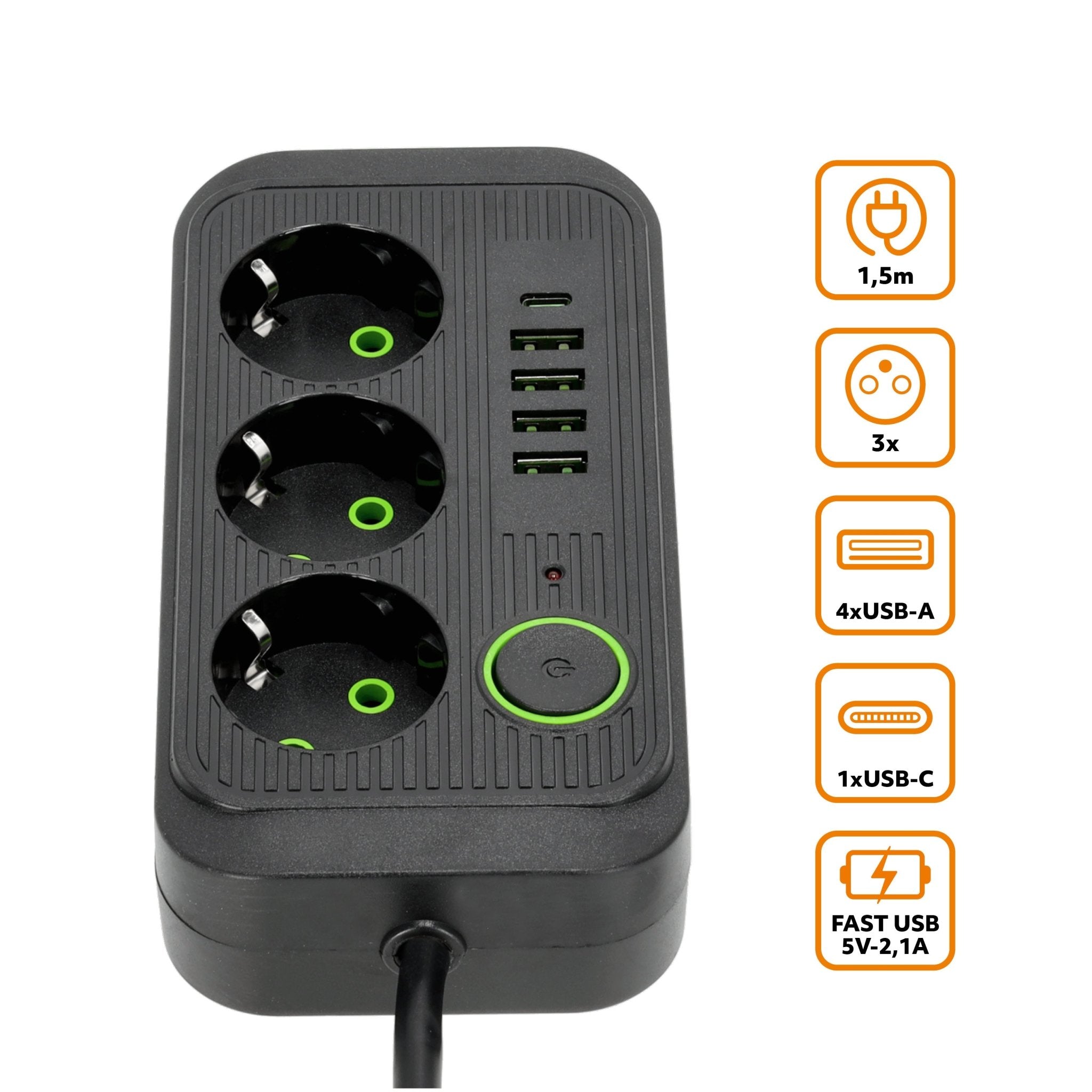Przedłużacz Listwa Zasilająca 1,5m 3gn + 4x USB - A + USB - C Wyłącznik Czarny - LAITICA